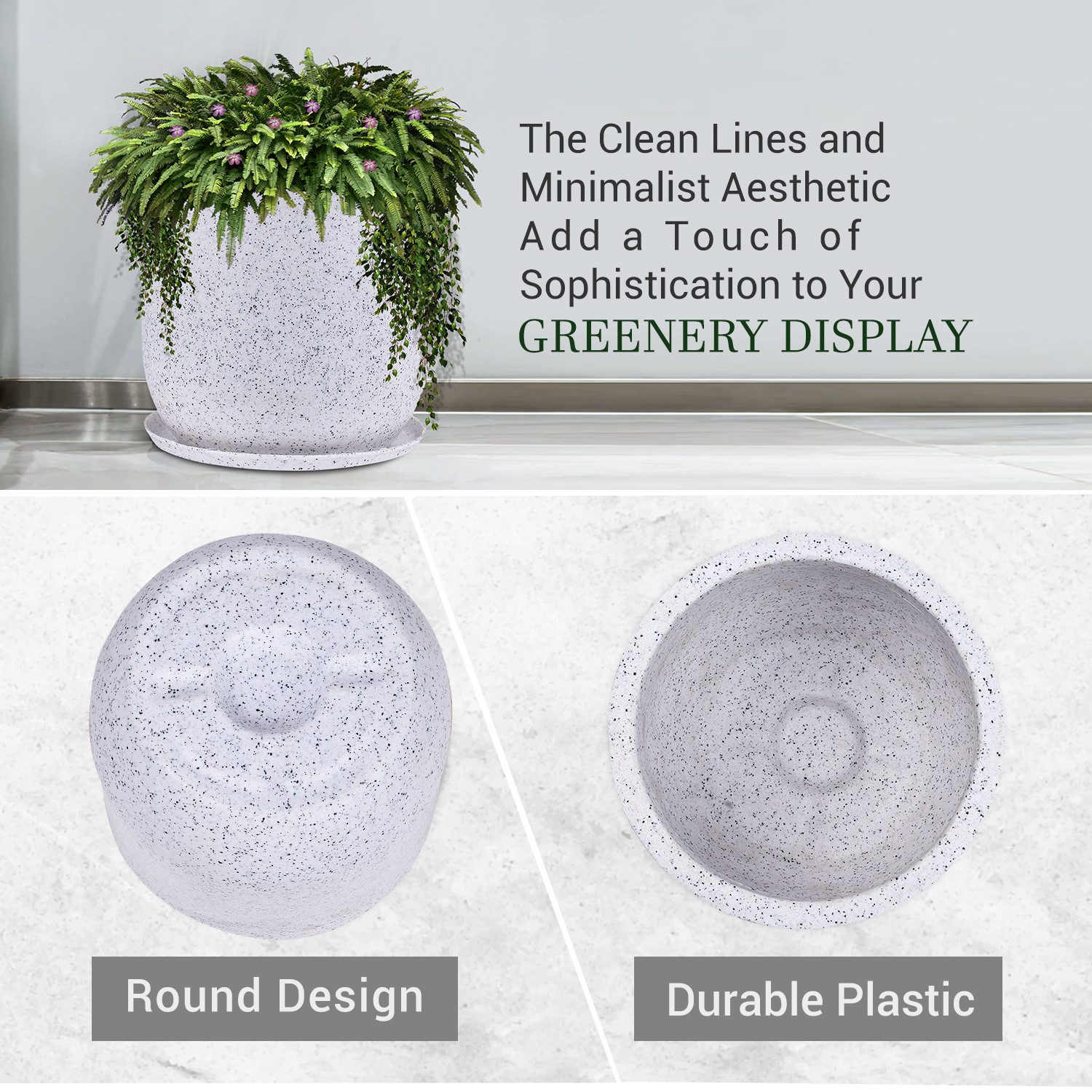 Kuber Industries Flower Pot with Plate | 10 Inch Lightweight Polymers Indoor-Outdoor Plant Pots | Flower Pot Gamla for Home-Office & Garden | Flower Pot for Living Room | Marble Jaguar | White