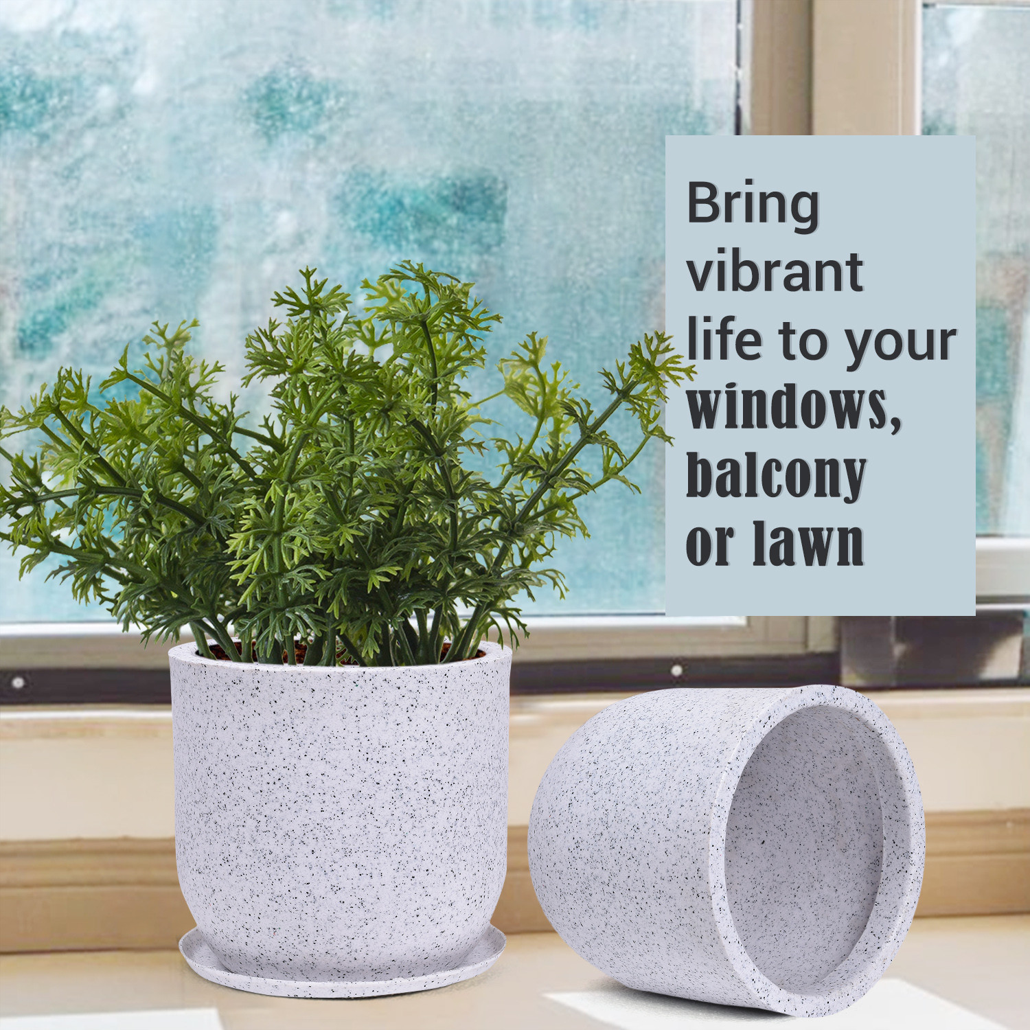 Kuber Industries Flower Pot with Plate | 10 Inch Lightweight Polymers Indoor-Outdoor Plant Pots | Flower Pot Gamla for Home-Office & Garden | Flower Pot for Living Room | Marble Jaguar | White
