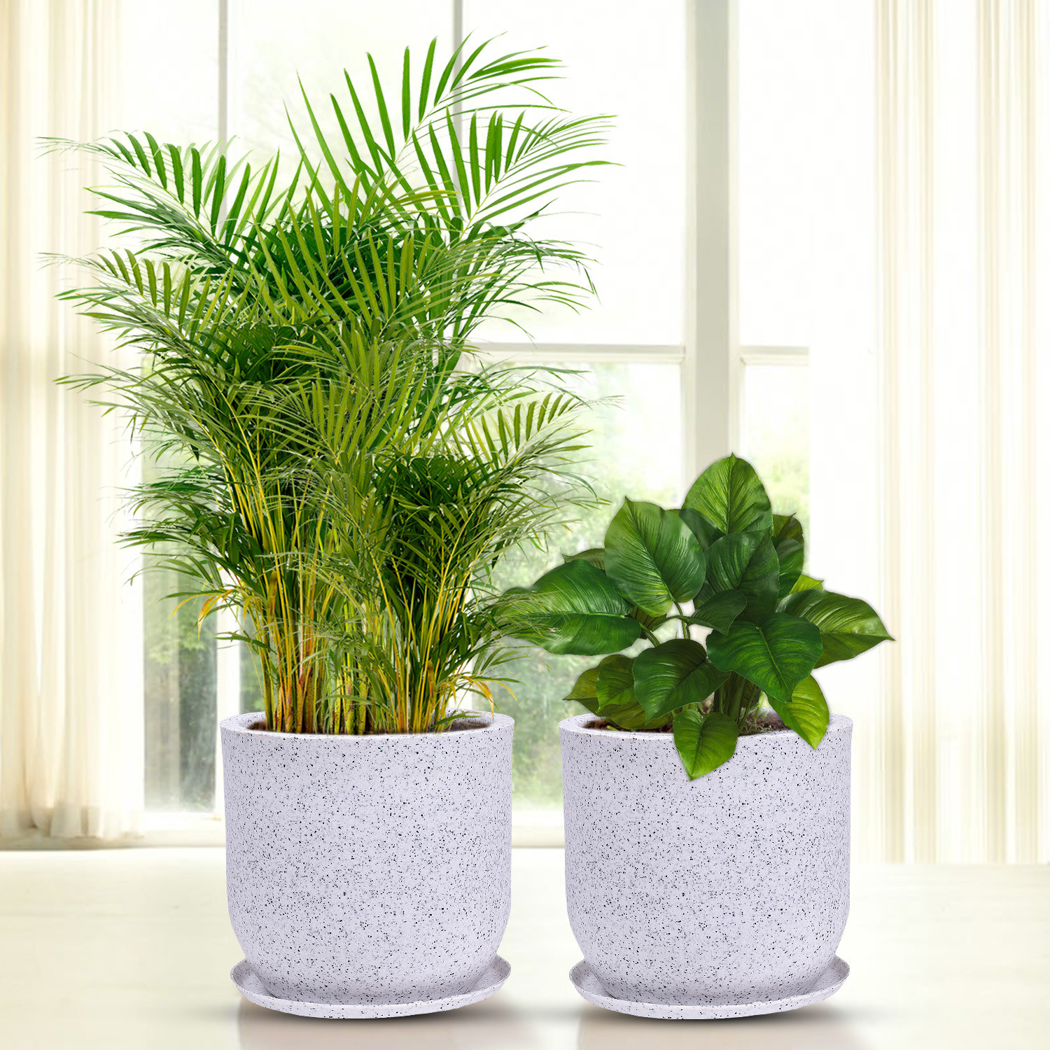 Kuber Industries Flower Pot with Plate | 10 Inch Lightweight Polymers Indoor-Outdoor Plant Pots | Flower Pot Gamla for Home-Office & Garden | Flower Pot for Living Room | Marble Jaguar | White