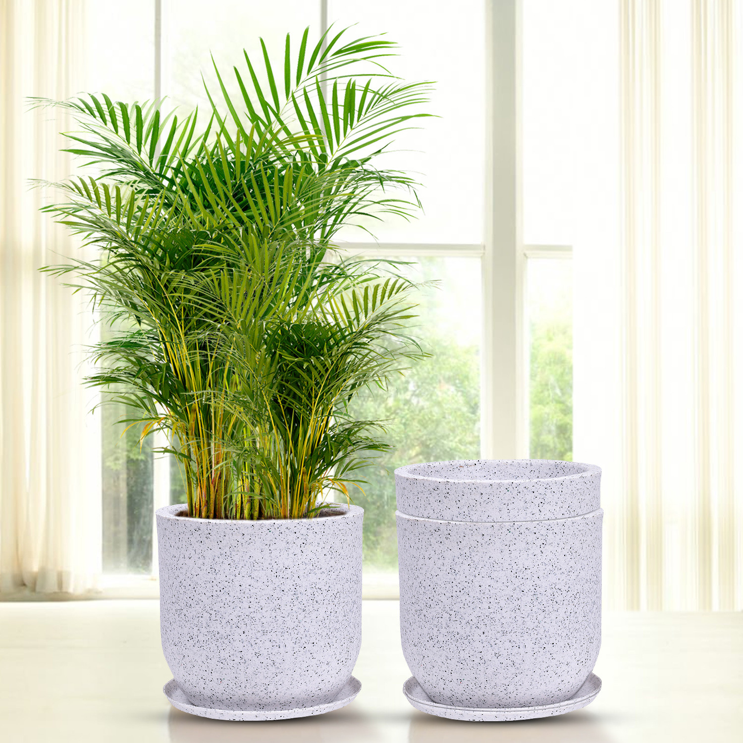 Kuber Industries Flower Pot with Plate | 10 Inch Lightweight Polymers Indoor-Outdoor Plant Pots | Flower Pot Gamla for Home-Office & Garden | Flower Pot for Living Room | Marble Jaguar | White