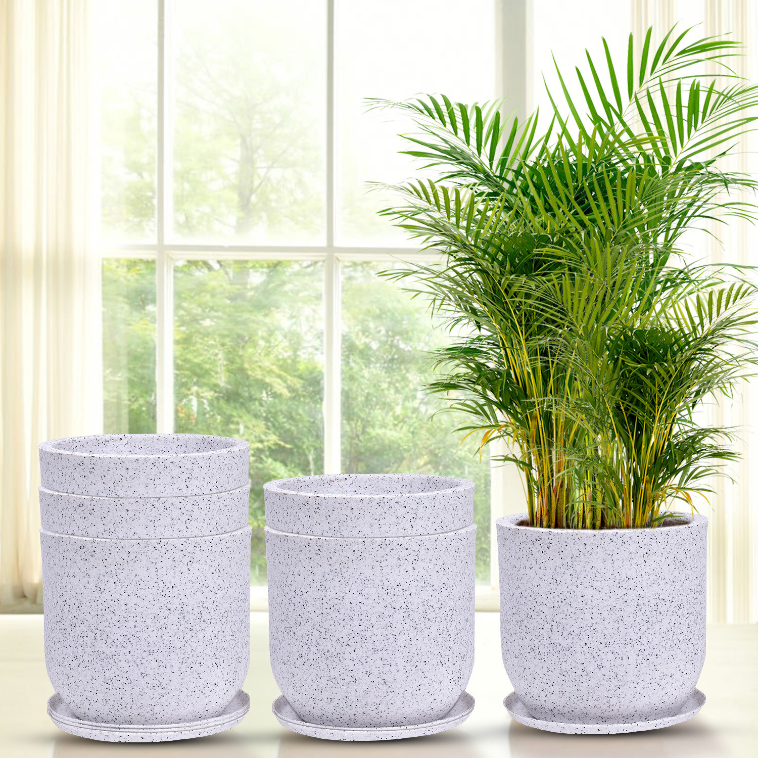 Kuber Industries Flower Pot with Plate | 10 Inch Lightweight Polymers Indoor-Outdoor Plant Pots | Flower Pot Gamla for Home-Office & Garden | Flower Pot for Living Room | Marble Jaguar | White