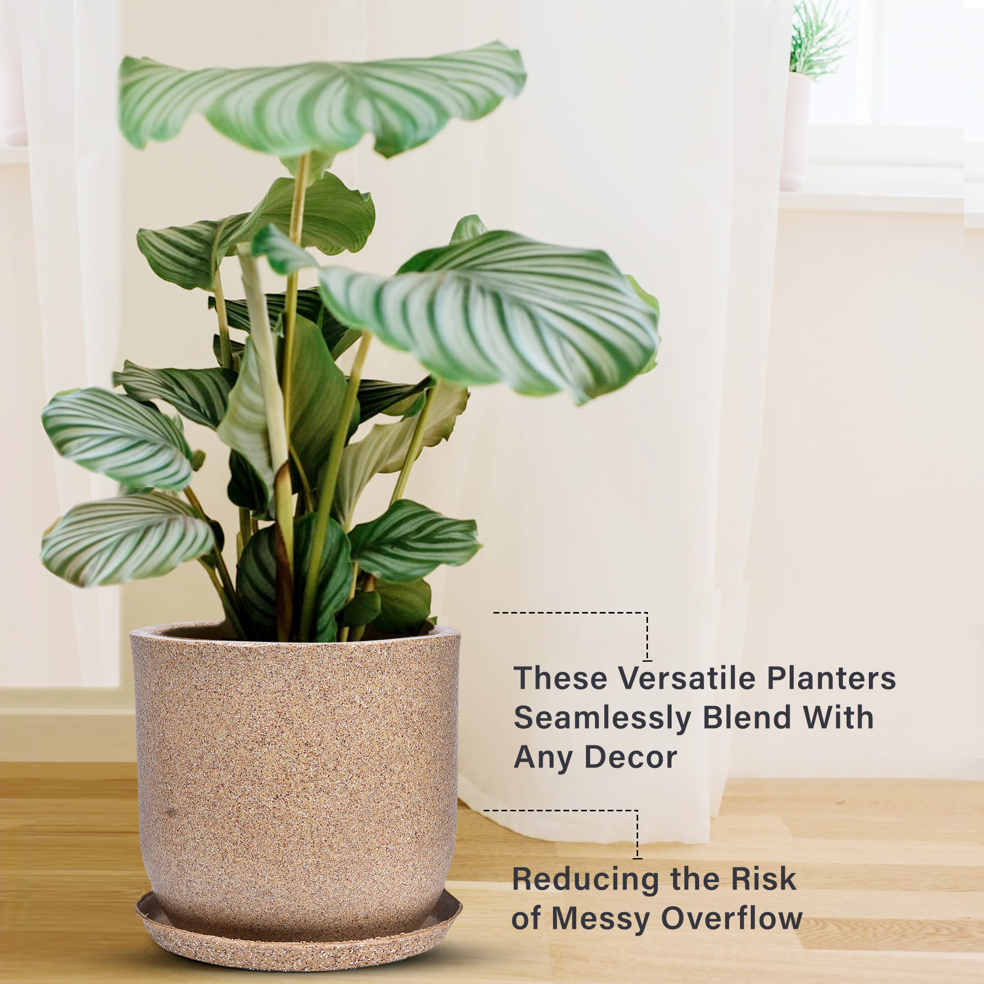Kuber Industries Flower Pot with Plate | 10 Inch Lightweight Polymers Indoor-Outdoor Plant Pots | Flower Pot Gamla for Home-Office & Garden | Flower Pot for Living Room | Marble Jaguar | Sand