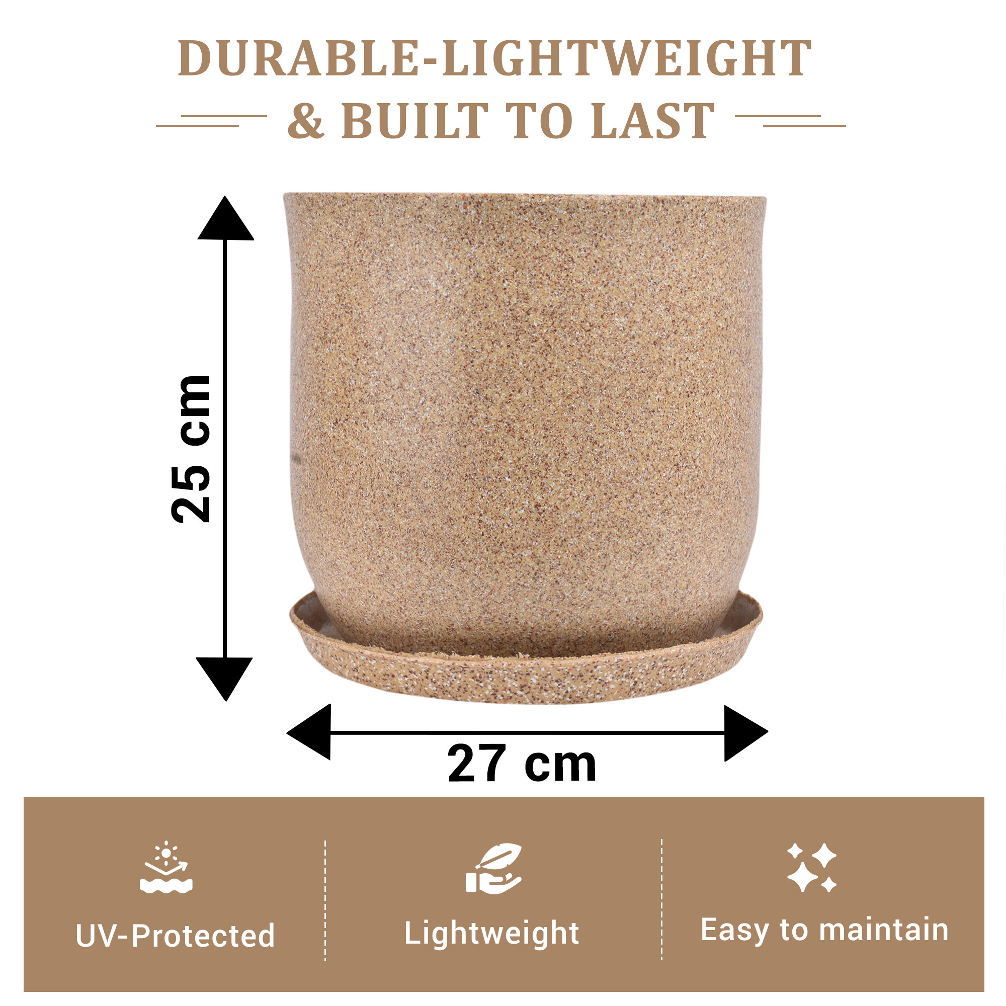 Kuber Industries Flower Pot with Plate | 10 Inch Lightweight Polymers Indoor-Outdoor Plant Pots | Flower Pot Gamla for Home-Office & Garden | Flower Pot for Living Room | Marble Jaguar | Sand