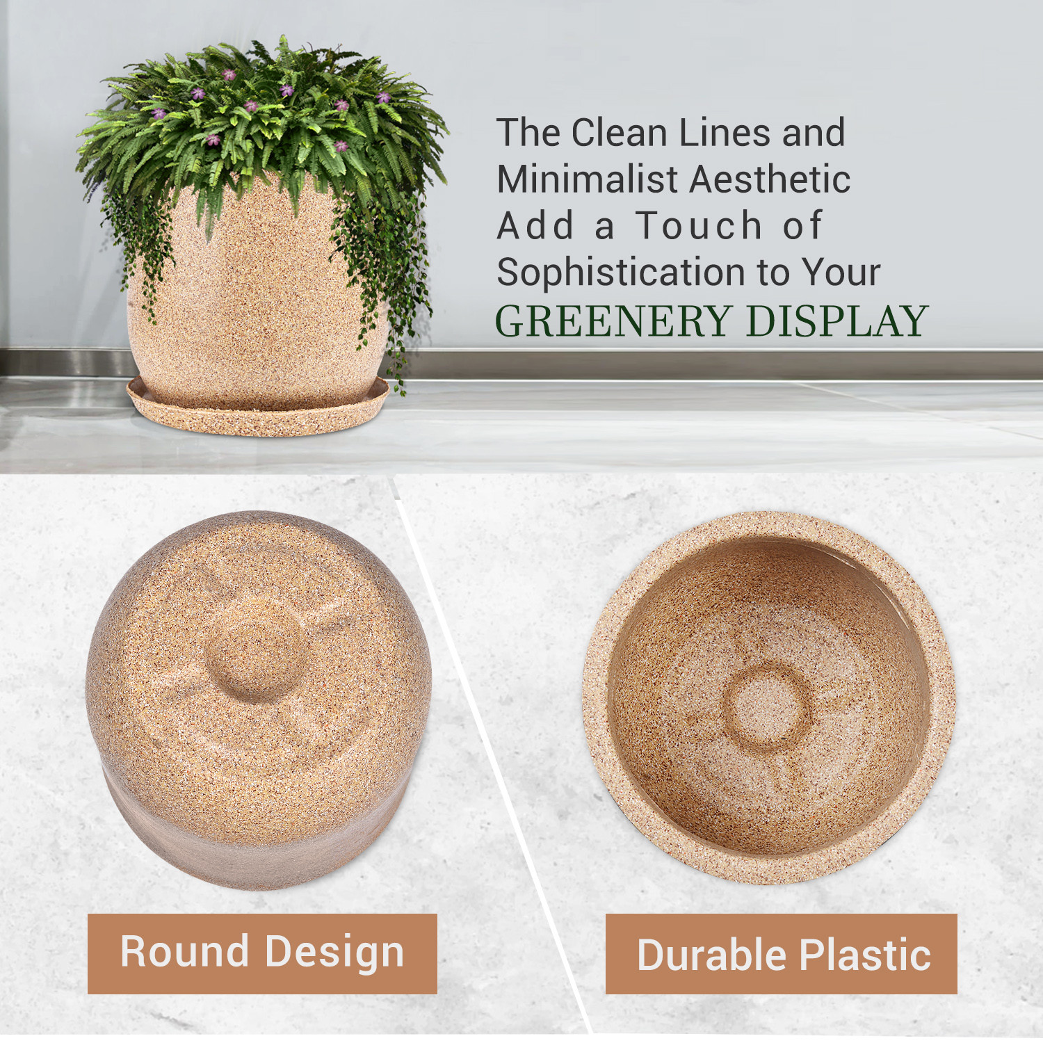 Kuber Industries Flower Pot with Plate | 10 Inch Lightweight Polymers Indoor-Outdoor Plant Pots | Flower Pot Gamla for Home-Office & Garden | Flower Pot for Living Room | Marble Jaguar | Sand