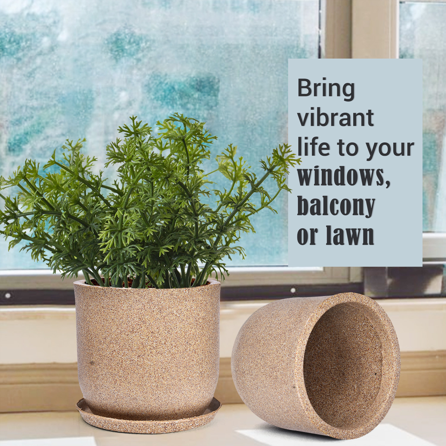 Kuber Industries Flower Pot with Plate | 10 Inch Lightweight Polymers Indoor-Outdoor Plant Pots | Flower Pot Gamla for Home-Office & Garden | Flower Pot for Living Room | Marble Jaguar | Sand