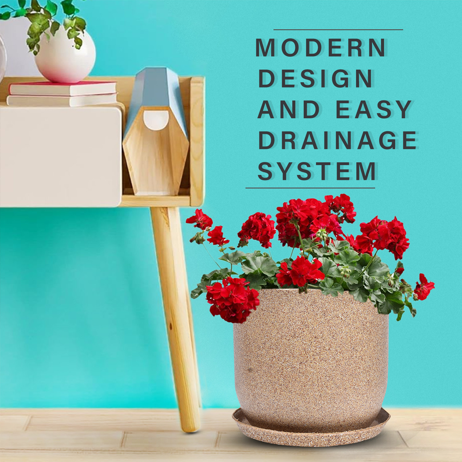 Kuber Industries Flower Pot with Plate | 10 Inch Lightweight Polymers Indoor-Outdoor Plant Pots | Flower Pot Gamla for Home-Office & Garden | Flower Pot for Living Room | Marble Jaguar | Sand