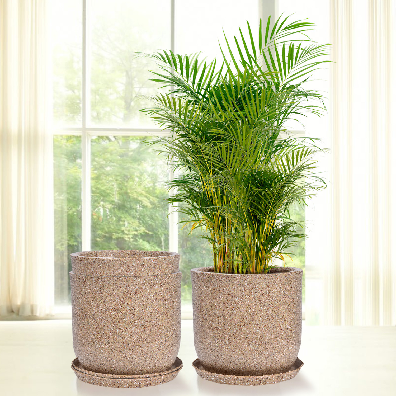 Kuber Industries Flower Pot with Plate | 10 Inch Lightweight Polymers Indoor-Outdoor Plant Pots | Flower Pot Gamla for Home-Office & Garden | Flower Pot for Living Room | Marble Jaguar | Sand