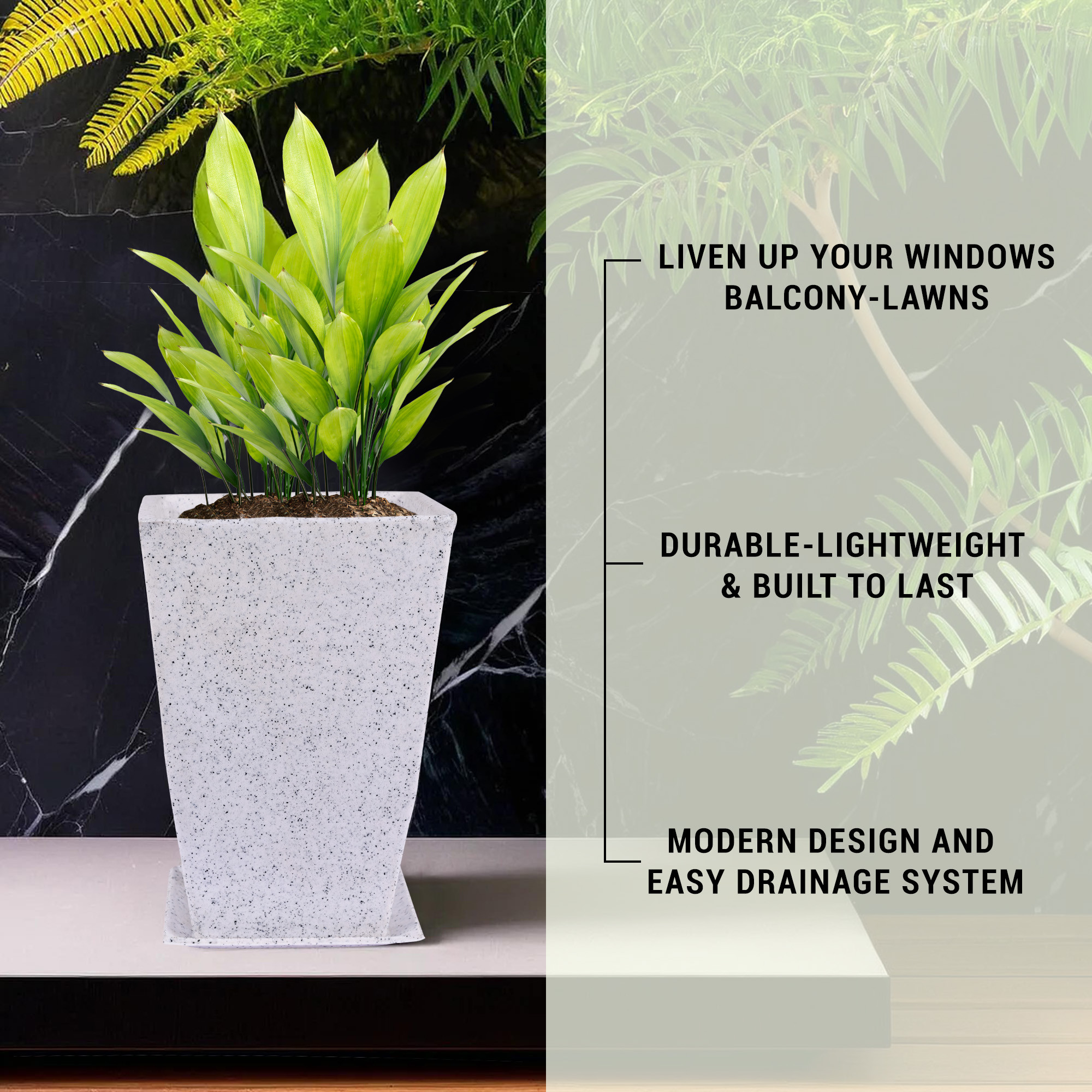 Kuber Industries Flower Pot with Plate  12 Inch Lightweight Polymers Indoor-Outdoor Plant Pots  Flower Pot Gamla for Home-Office  Garden  Flower Pot for Balcony  Marble Tower  White