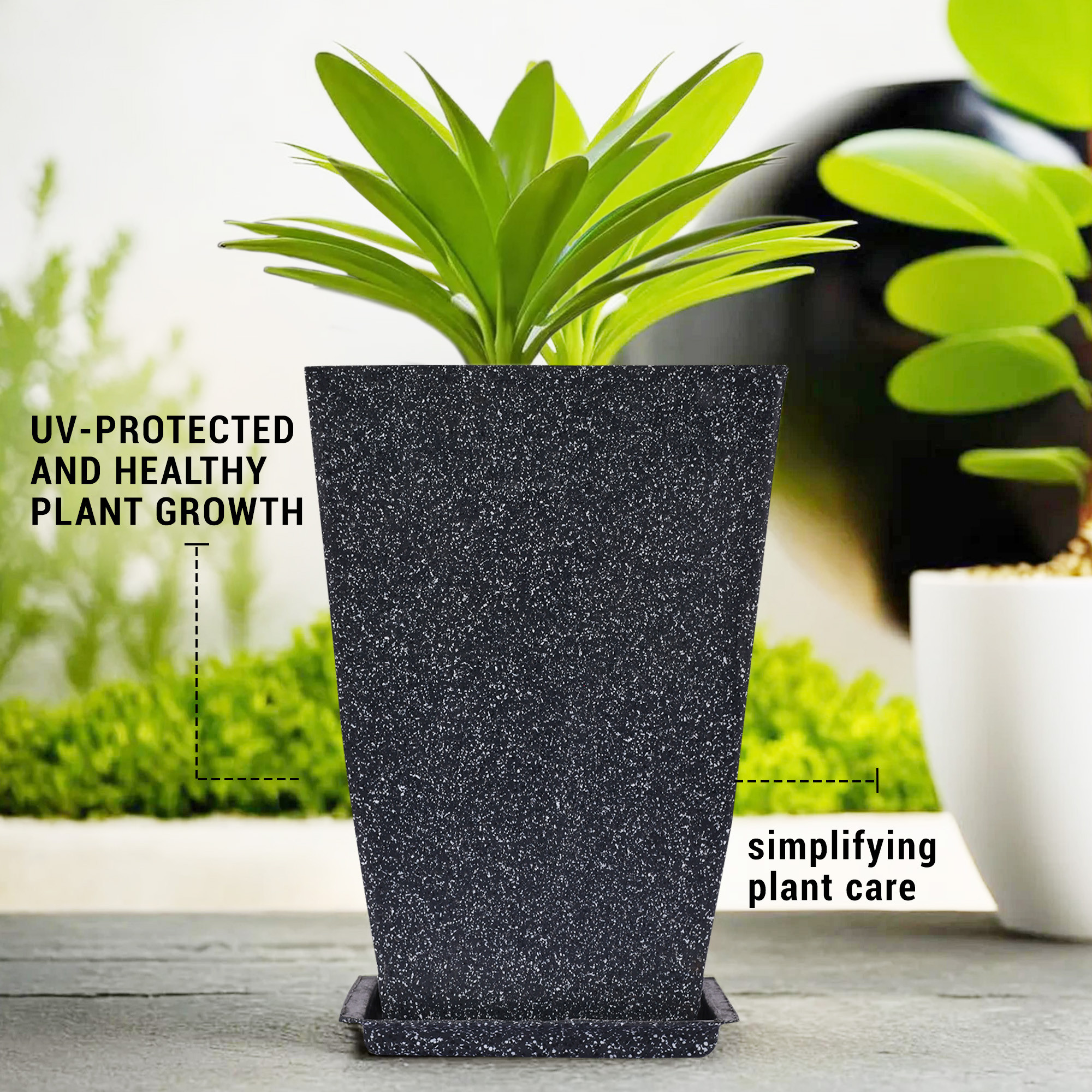 Kuber Industries Flower Pot with Plate  12 Inch Lightweight Polymers Indoor-Outdoor Plant Pots  Flower Pot Gamla for Home-Office  Garden  Flower Pot for Balcony  Marble Tower  Black