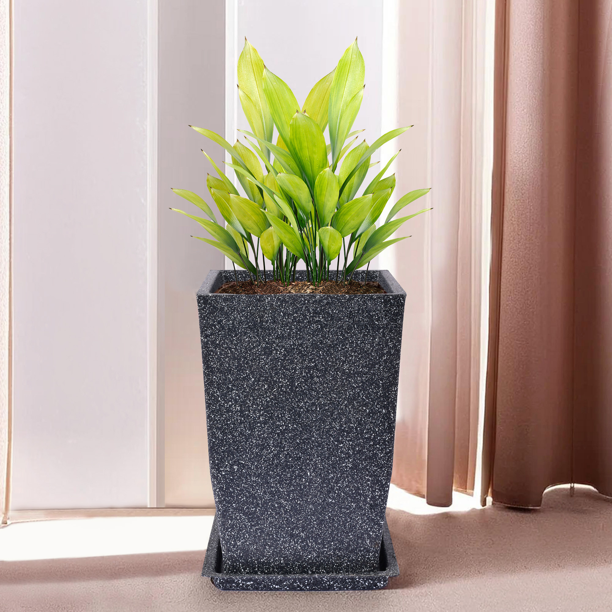Kuber Industries Flower Pot with Plate | 12 Inch Lightweight Polymers Indoor-Outdoor Plant Pots | Flower Pot Gamla for Home-Office & Garden | Flower Pot for Balcony | Marble Tower | Black