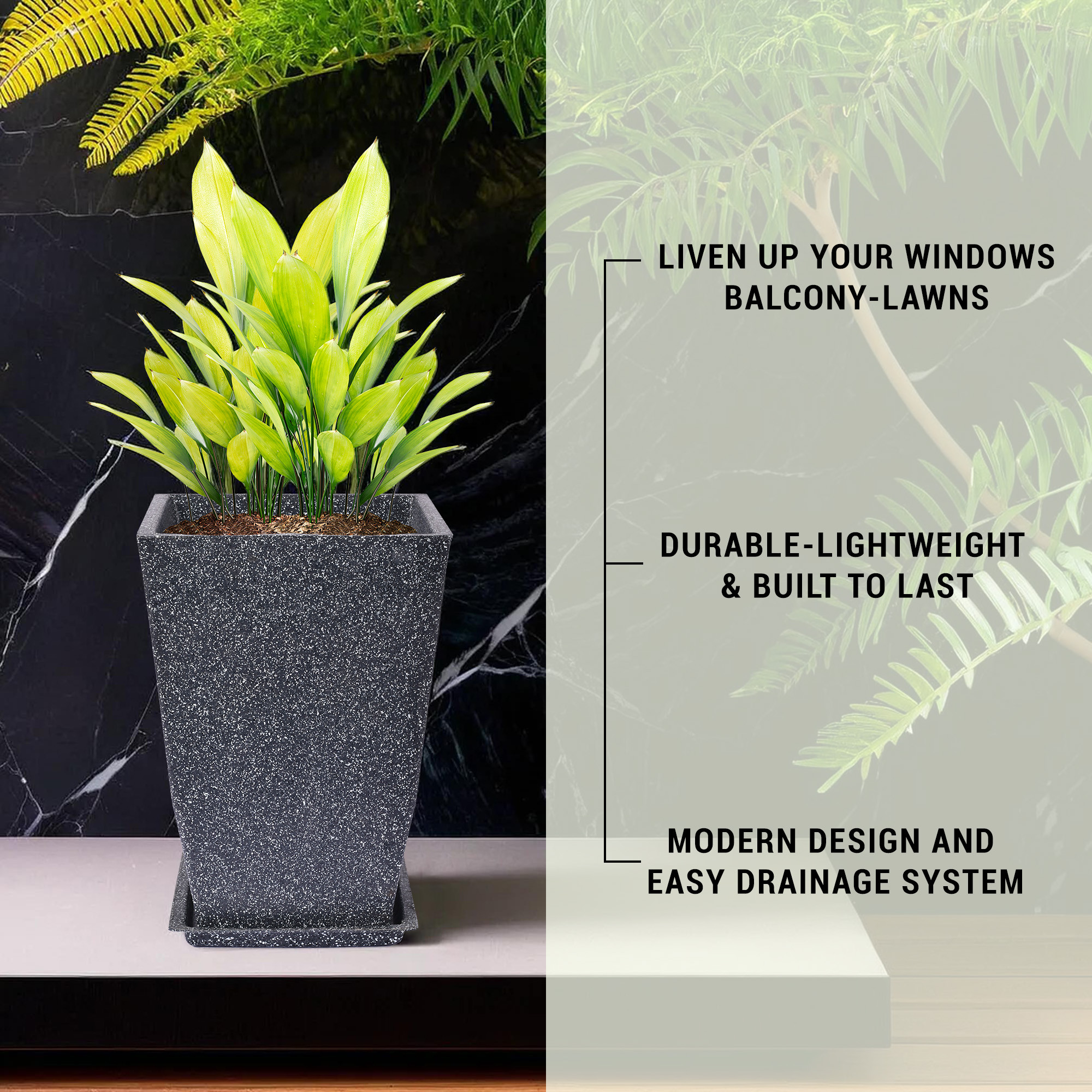 Kuber Industries Flower Pot with Plate | 12 Inch Lightweight Polymers Indoor-Outdoor Plant Pots | Flower Pot Gamla for Home-Office & Garden | Flower Pot for Balcony | Marble Tower | Black