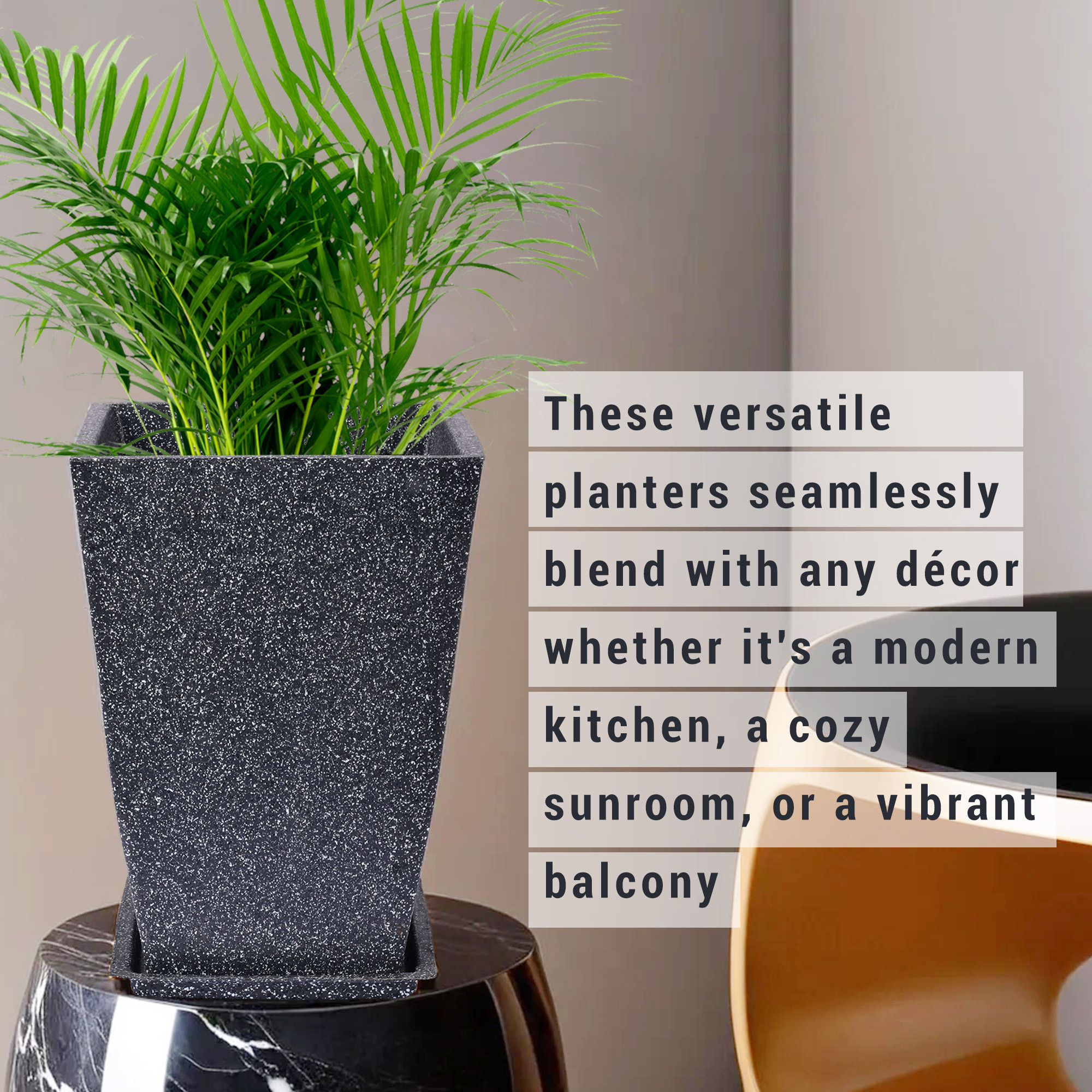 Kuber Industries Flower Pot with Plate | 12 Inch Lightweight Polymers Indoor-Outdoor Plant Pots | Flower Pot Gamla for Home-Office & Garden | Flower Pot for Balcony | Marble Tower | Black