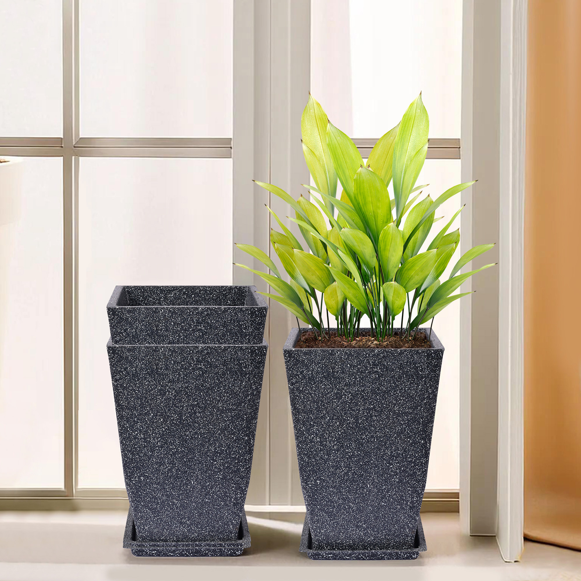 Kuber Industries Flower Pot with Plate | 12 Inch Lightweight Polymers Indoor-Outdoor Plant Pots | Flower Pot Gamla for Home-Office & Garden | Flower Pot for Balcony | Marble Tower | Black