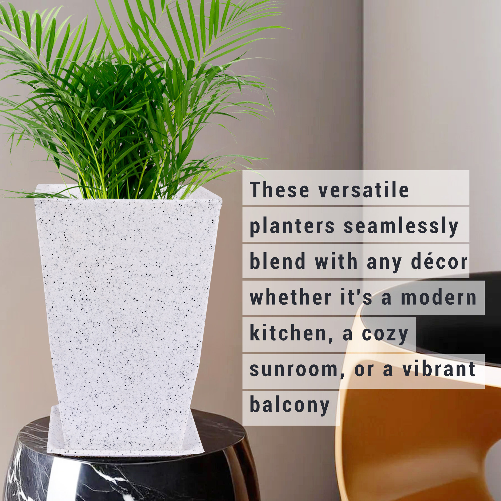Kuber Industries Flower Pot with Plate | 12 Inch Lightweight Polymers Indoor-Outdoor Plant Pots | Flower Pot Gamla for Home-Office & Garden | Flower Pot for Balcony | Marble Tower | White