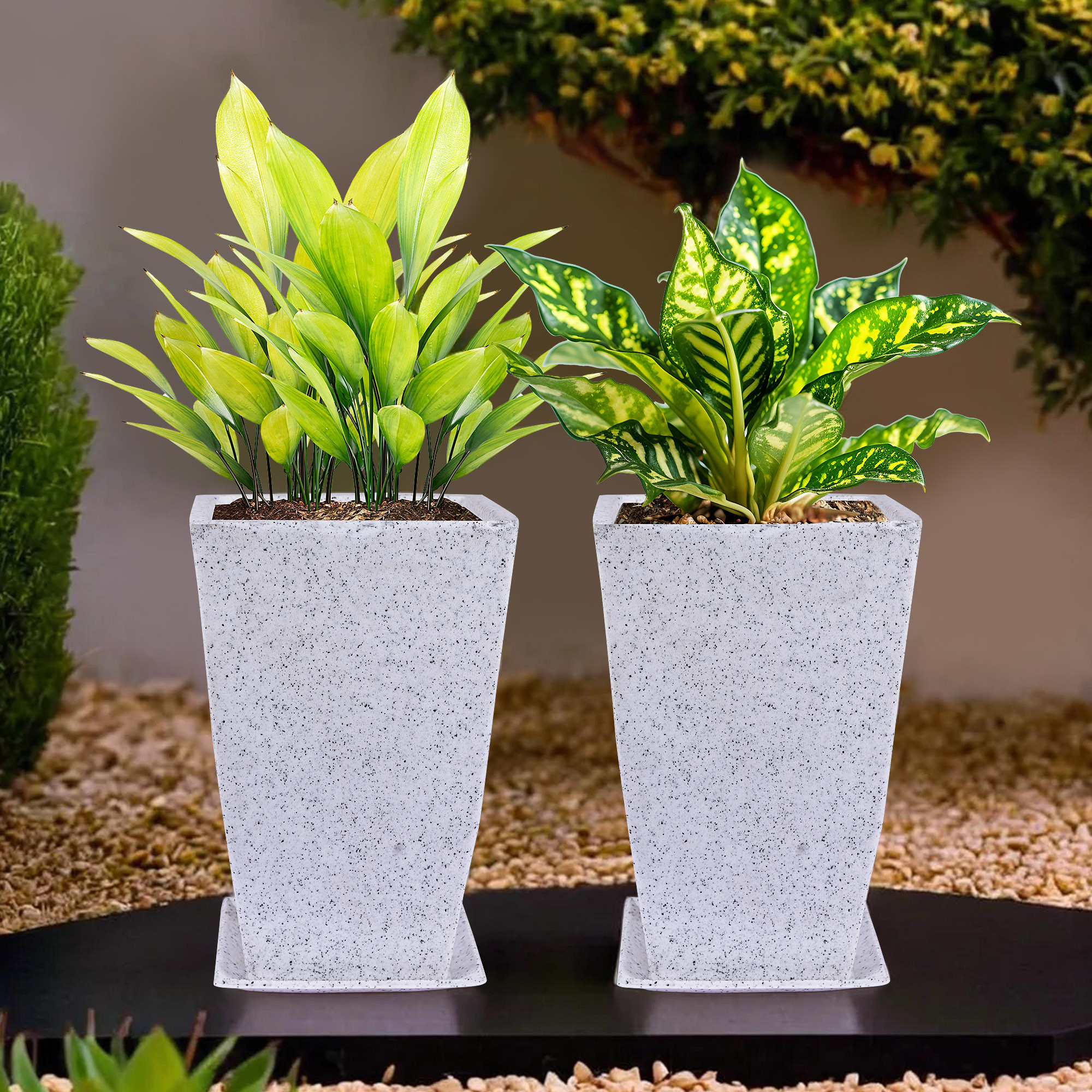 Kuber Industries Flower Pot with Plate | 12 Inch Lightweight Polymers Indoor-Outdoor Plant Pots | Flower Pot Gamla for Home-Office & Garden | Flower Pot for Balcony | Marble Tower | White