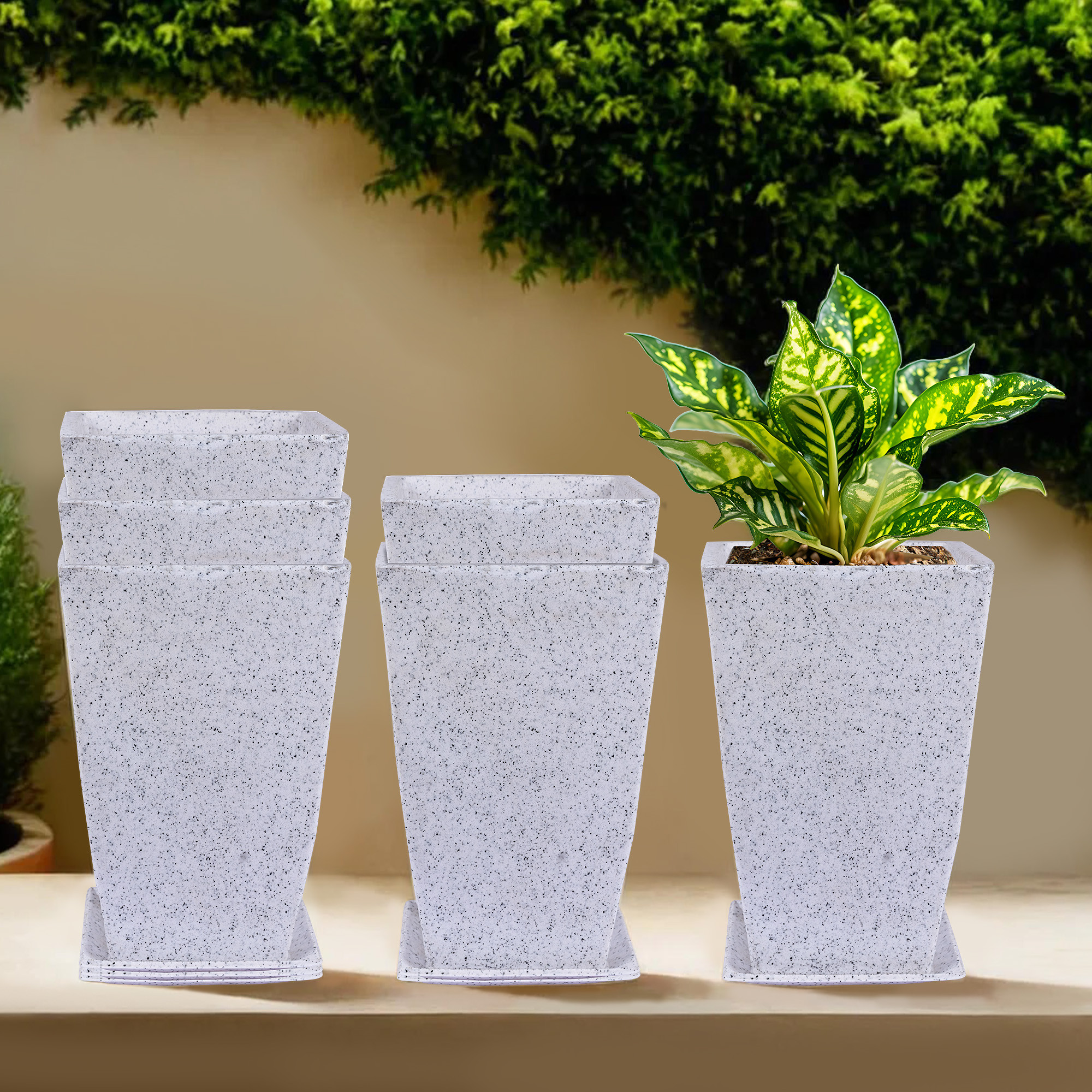 Kuber Industries Flower Pot with Plate | 12 Inch Lightweight Polymers Indoor-Outdoor Plant Pots | Flower Pot Gamla for Home-Office & Garden | Flower Pot for Balcony | Marble Tower | White