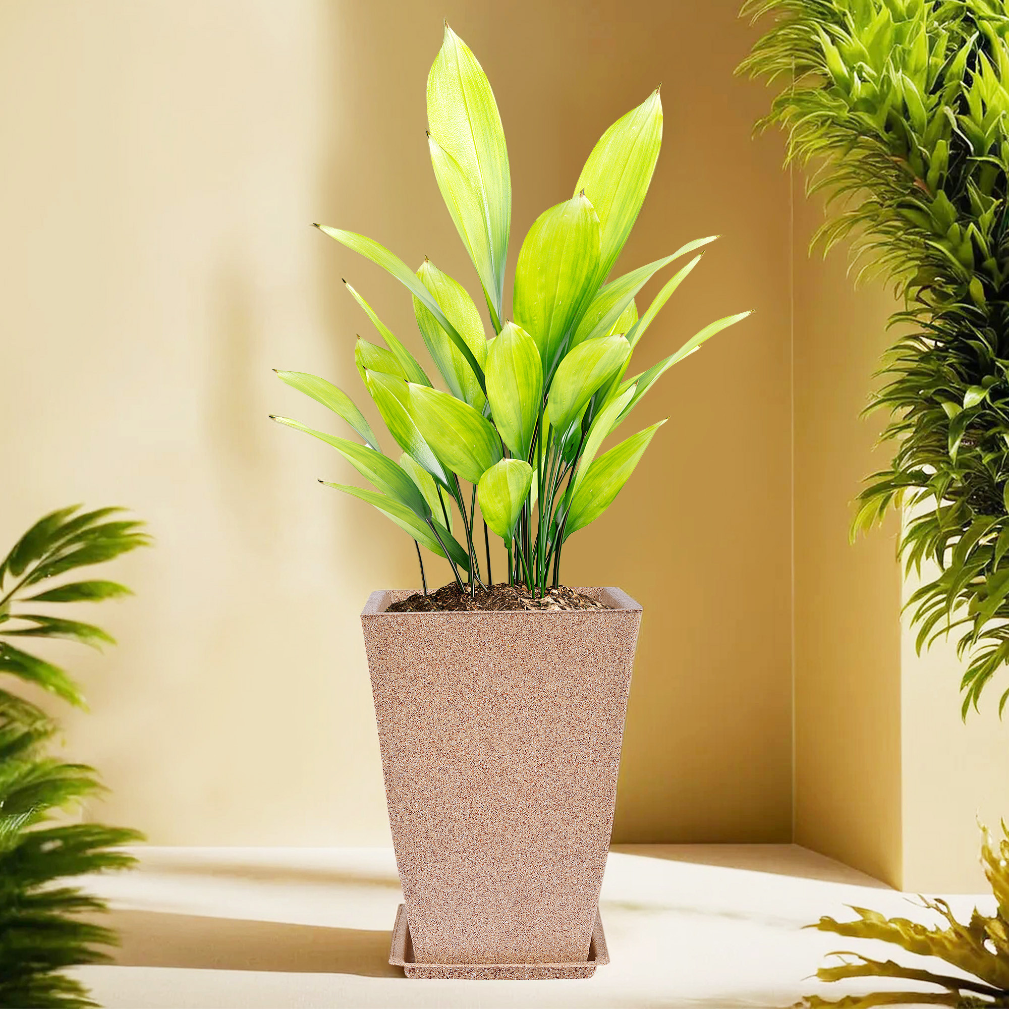 Kuber Industries Flower Pot with Plate | 12 Inch Lightweight Polymers Indoor-Outdoor Plant Pots | Flower Pot Gamla for Home-Office & Garden | Flower Pot for Balcony | Marble Tower | Sand