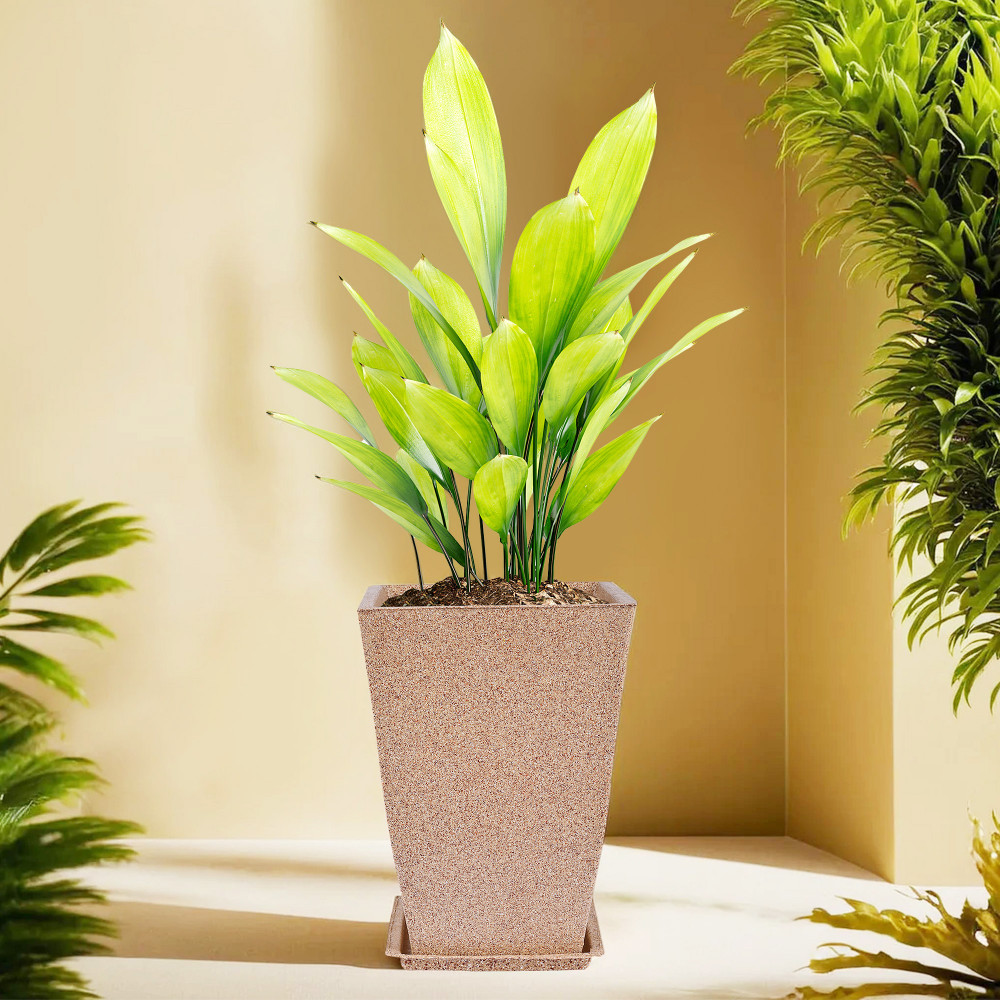 Kuber Industries Flower Pot with Plate | 12 Inch Lightweight Polymers Indoor-Outdoor Plant Pots | Flower Pot Gamla for Home-Office &amp; Garden | Flower Pot for Balcony | Marble Tower | Sand