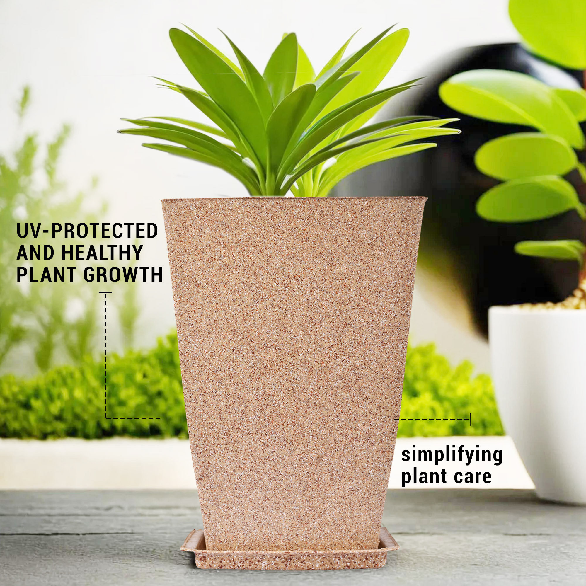 Kuber Industries Flower Pot with Plate | 12 Inch Lightweight Polymers Indoor-Outdoor Plant Pots | Flower Pot Gamla for Home-Office & Garden | Flower Pot for Balcony | Marble Tower | Sand