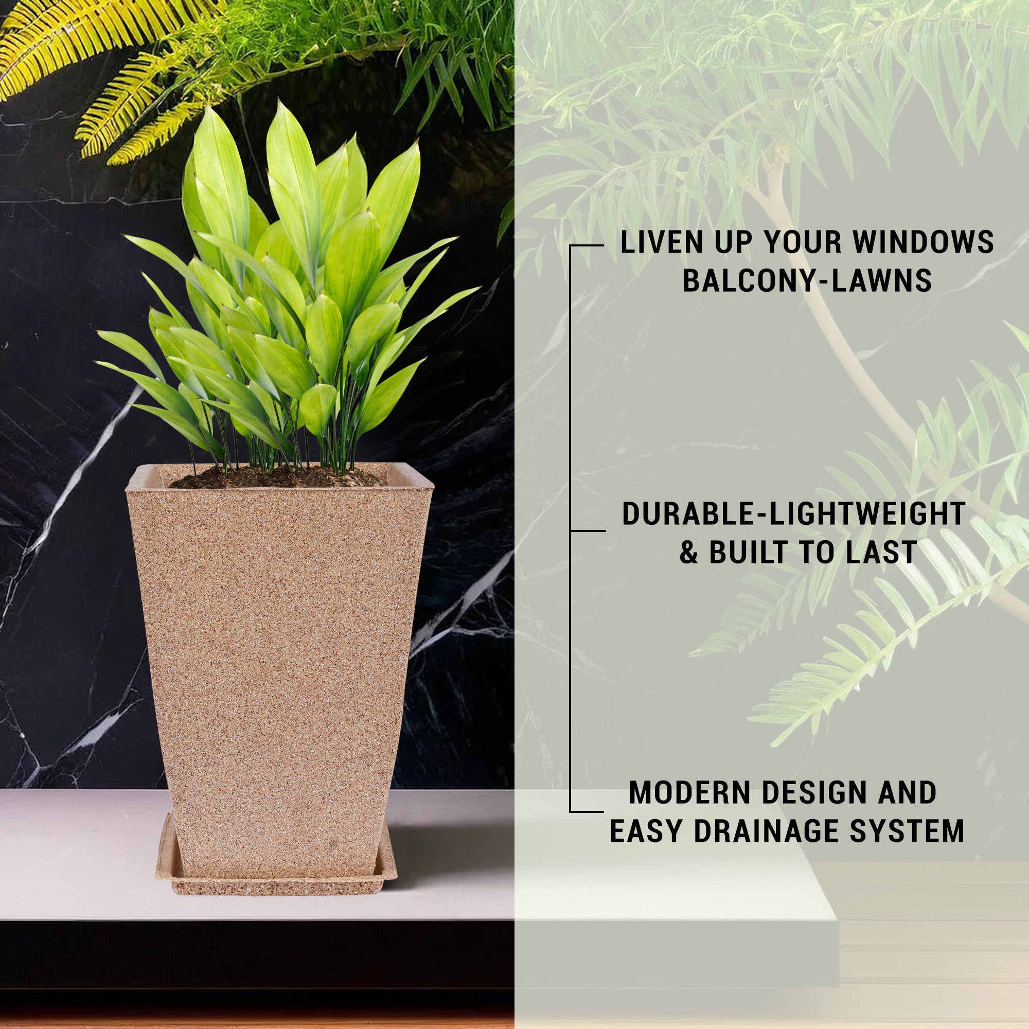 Kuber Industries Flower Pot with Plate | 12 Inch Lightweight Polymers Indoor-Outdoor Plant Pots | Flower Pot Gamla for Home-Office & Garden | Flower Pot for Balcony | Marble Tower | Sand