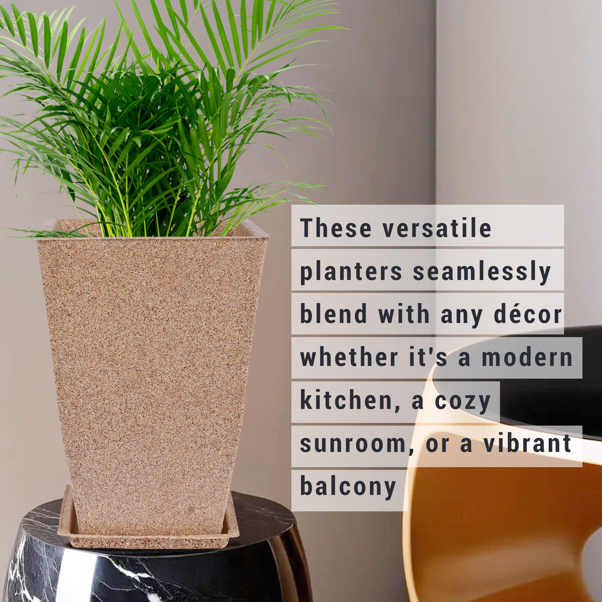 Kuber Industries Flower Pot with Plate | 12 Inch Lightweight Polymers Indoor-Outdoor Plant Pots | Flower Pot Gamla for Home-Office & Garden | Flower Pot for Balcony | Marble Tower | Sand