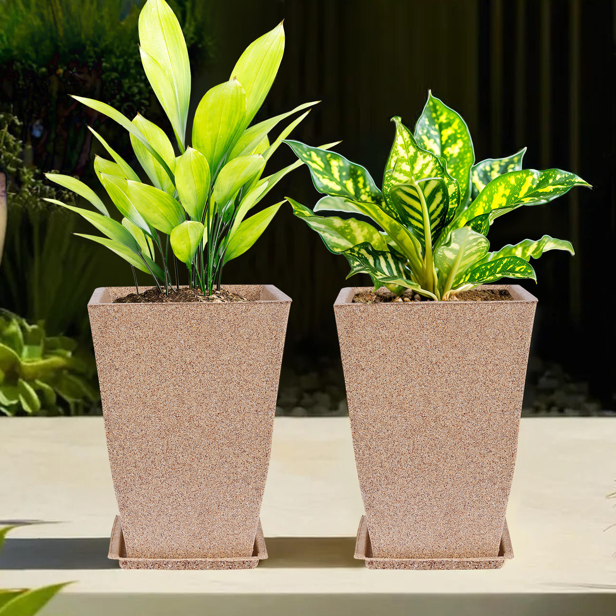 Kuber Industries Flower Pot with Plate | 12 Inch Lightweight Polymers Indoor-Outdoor Plant Pots | Flower Pot Gamla for Home-Office & Garden | Flower Pot for Balcony | Marble Tower | Sand