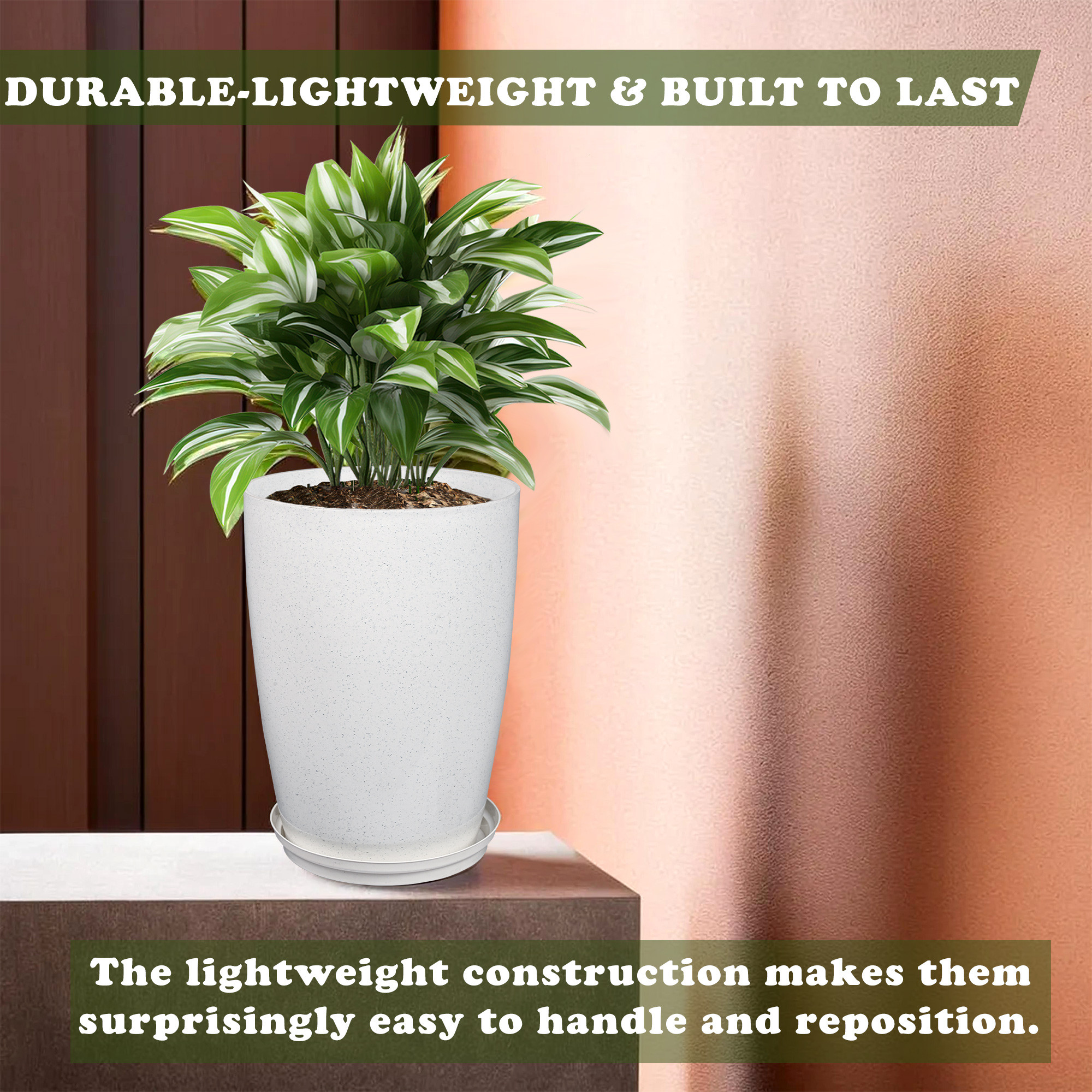 Kuber Industries Flower Pot with Plate  14 Inch Indoor-Outdoor Plants Stand  Flower Pot for Home-Office  Flower Pot for Garden  Flower Gamla for Balcony  Marble Tower  White