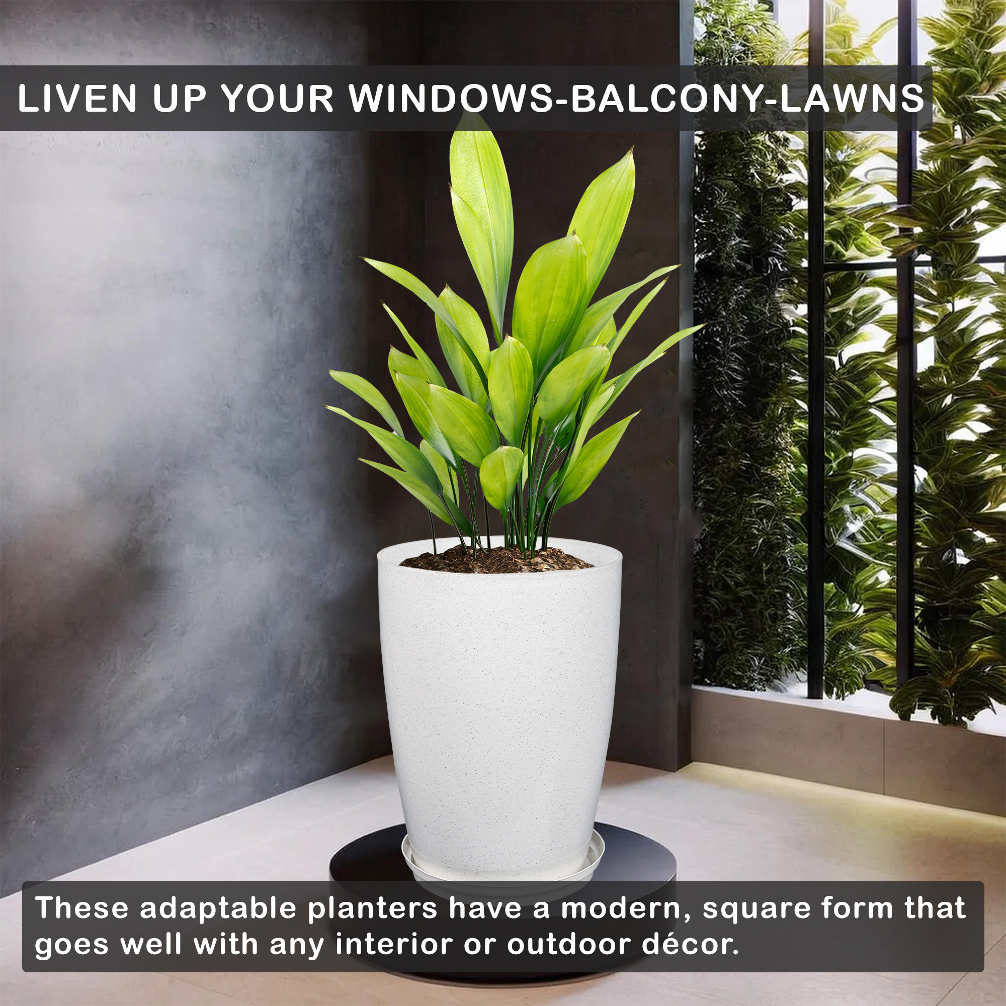 Kuber Industries Flower Pot with Plate  14 Inch Indoor-Outdoor Plants Stand  Flower Pot for Home-Office  Flower Pot for Garden  Flower Gamla for Balcony  Marble Tower  White