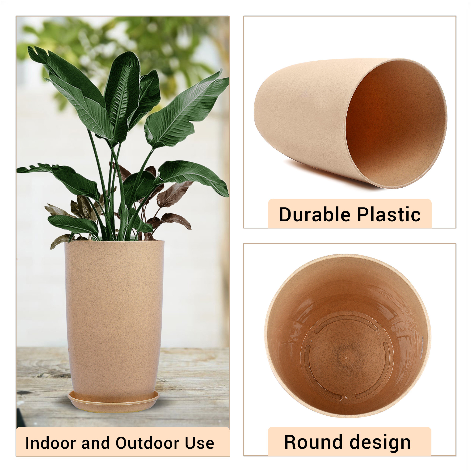 Kuber Industries Flower Pot with Plate  18 Inch Lightweight Polymers Indoor-Outdoor Plant Pots  Flower Pot Gamla for Home-Office  Garden  Planter for Living Room  Beige