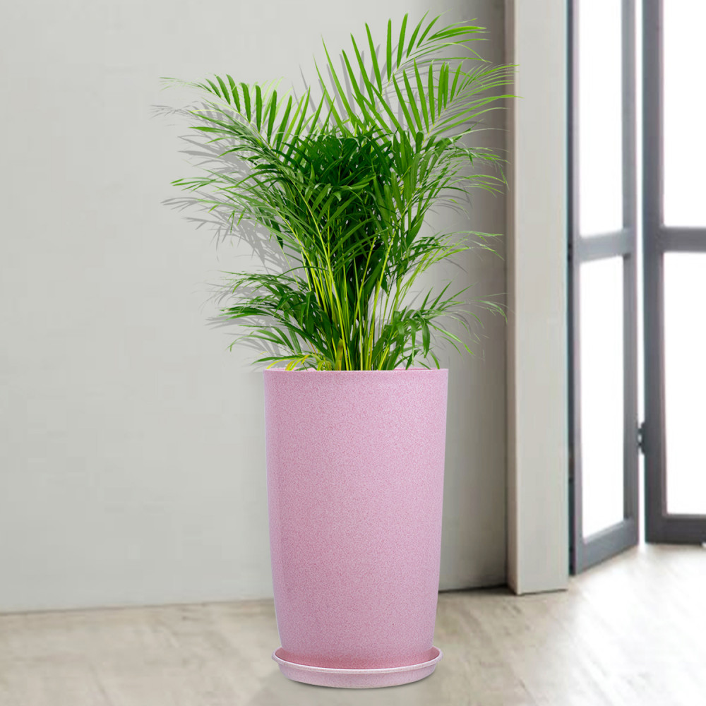 Kuber Industries Flower Pot with Plate | 18 Inch Lightweight Polymers Indoor-Outdoor Plant Pots | Flower Pot Gamla for Home-Office &amp; Garden | Planter for Living Room | Marble Emerald | Pink