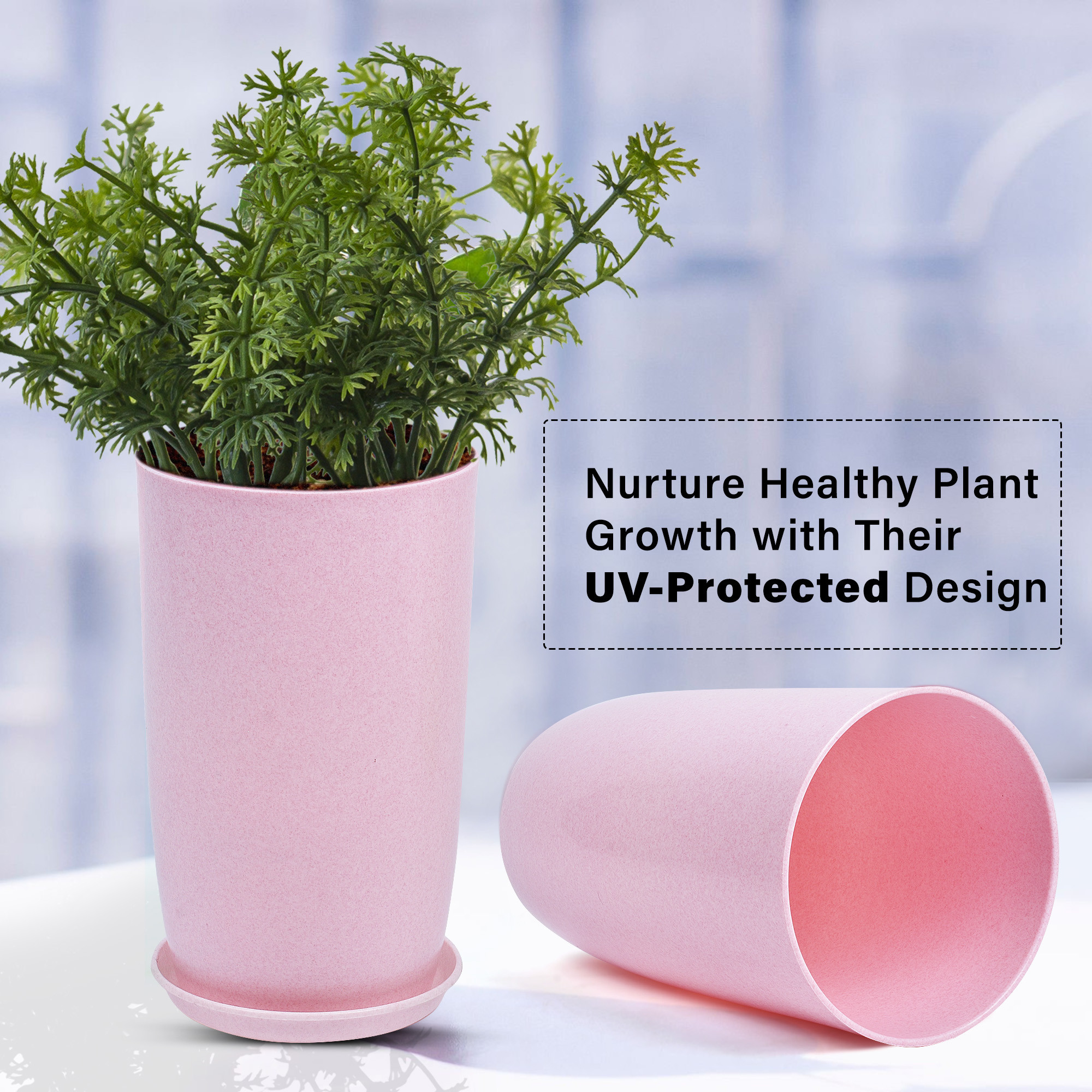 Kuber Industries Flower Pot with Plate | 18 Inch Lightweight Polymers Indoor-Outdoor Plant Pots | Flower Pot Gamla for Home-Office & Garden | Planter for Living Room | Marble Emerald | Pink