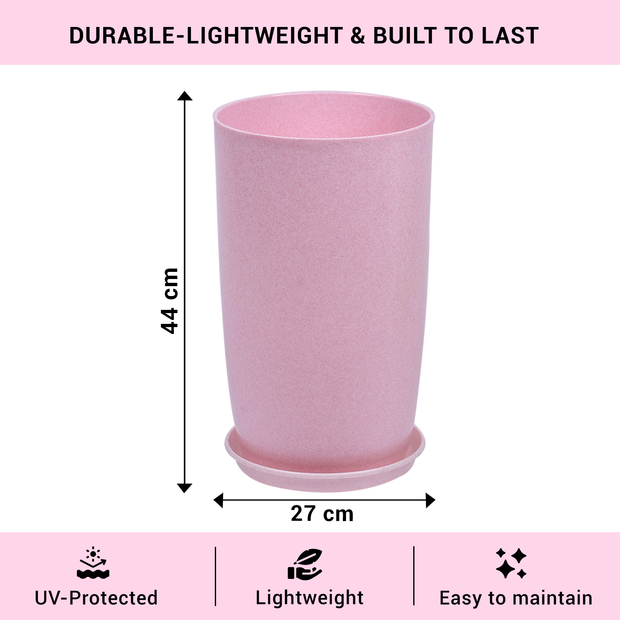 Kuber Industries Flower Pot with Plate | 18 Inch Lightweight Polymers Indoor-Outdoor Plant Pots | Flower Pot Gamla for Home-Office & Garden | Planter for Living Room | Marble Emerald | Pink