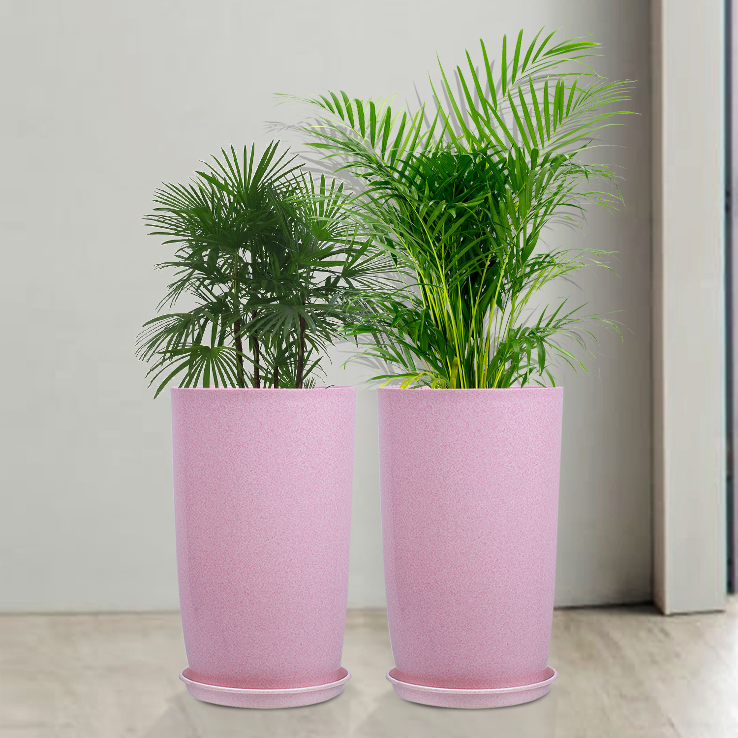 Kuber Industries Flower Pot with Plate | 18 Inch Lightweight Polymers Indoor-Outdoor Plant Pots | Flower Pot Gamla for Home-Office & Garden | Planter for Living Room | Marble Emerald | Pink