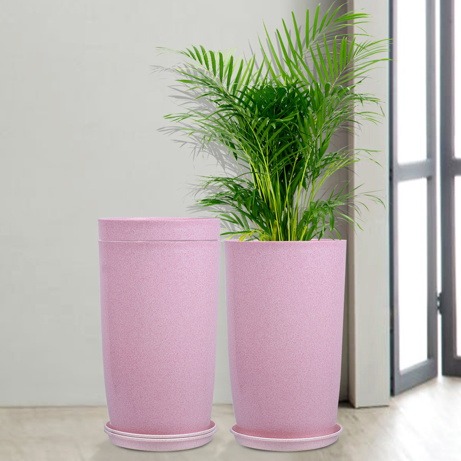 Kuber Industries Flower Pot with Plate | 18 Inch Lightweight Polymers Indoor-Outdoor Plant Pots | Flower Pot Gamla for Home-Office & Garden | Planter for Living Room | Marble Emerald | Pink