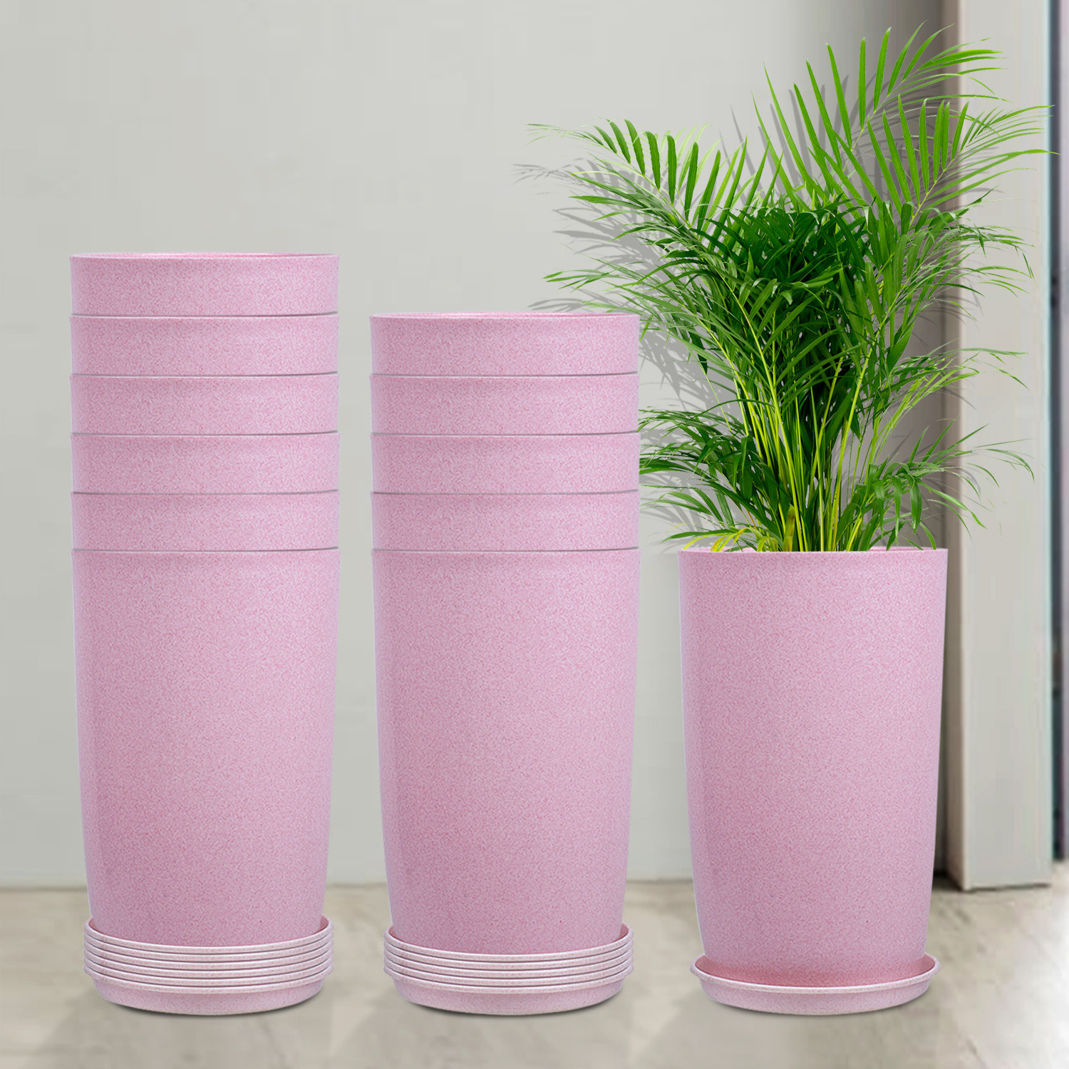 Kuber Industries Flower Pot with Plate | 18 Inch Lightweight Polymers Indoor-Outdoor Plant Pots | Flower Pot Gamla for Home-Office & Garden | Planter for Living Room | Marble Emerald | Pink