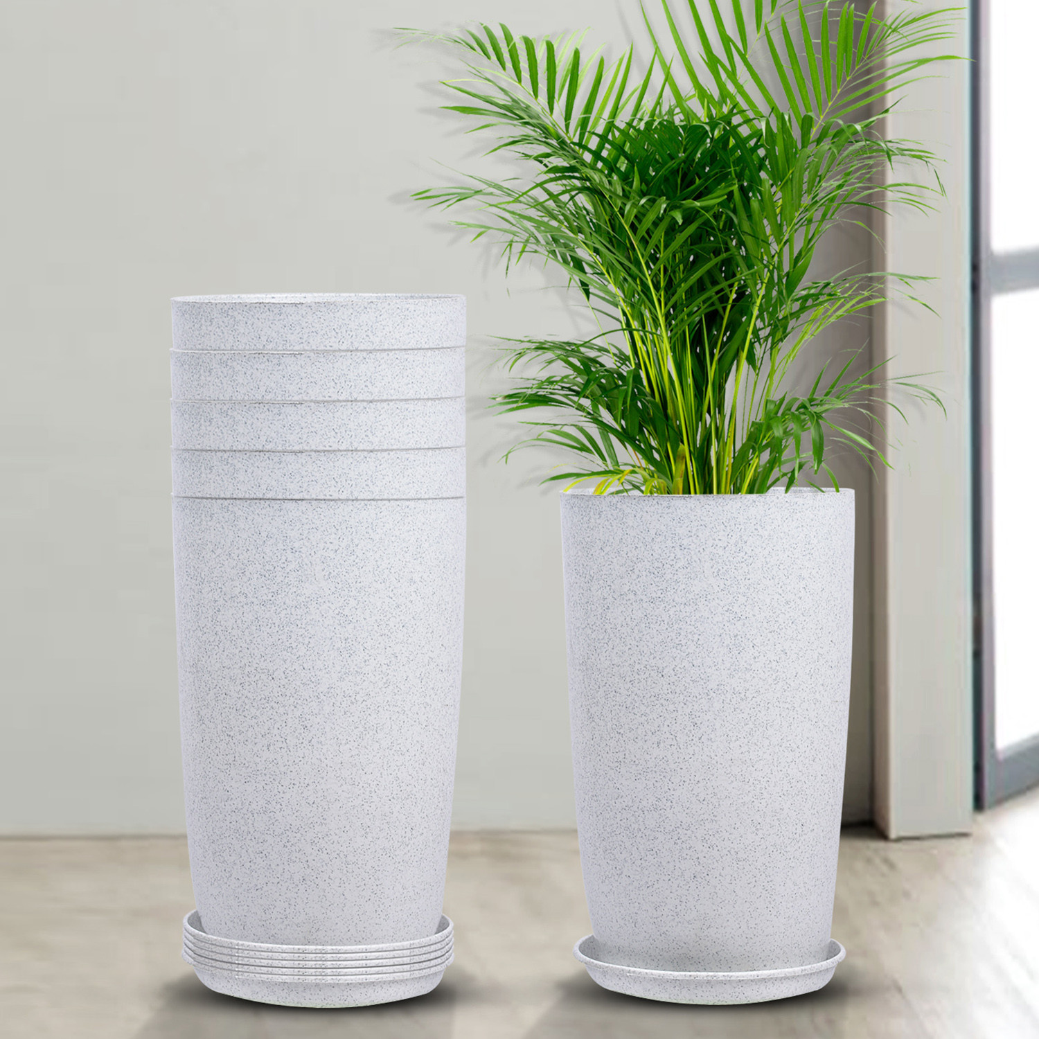 Kuber Industries Flower Pot with Plate | 18 Inch Lightweight Polymers Indoor-Outdoor Plant Pots | Flower Pot Gamla for Home-Office & Garden | Planter for Living Room | White