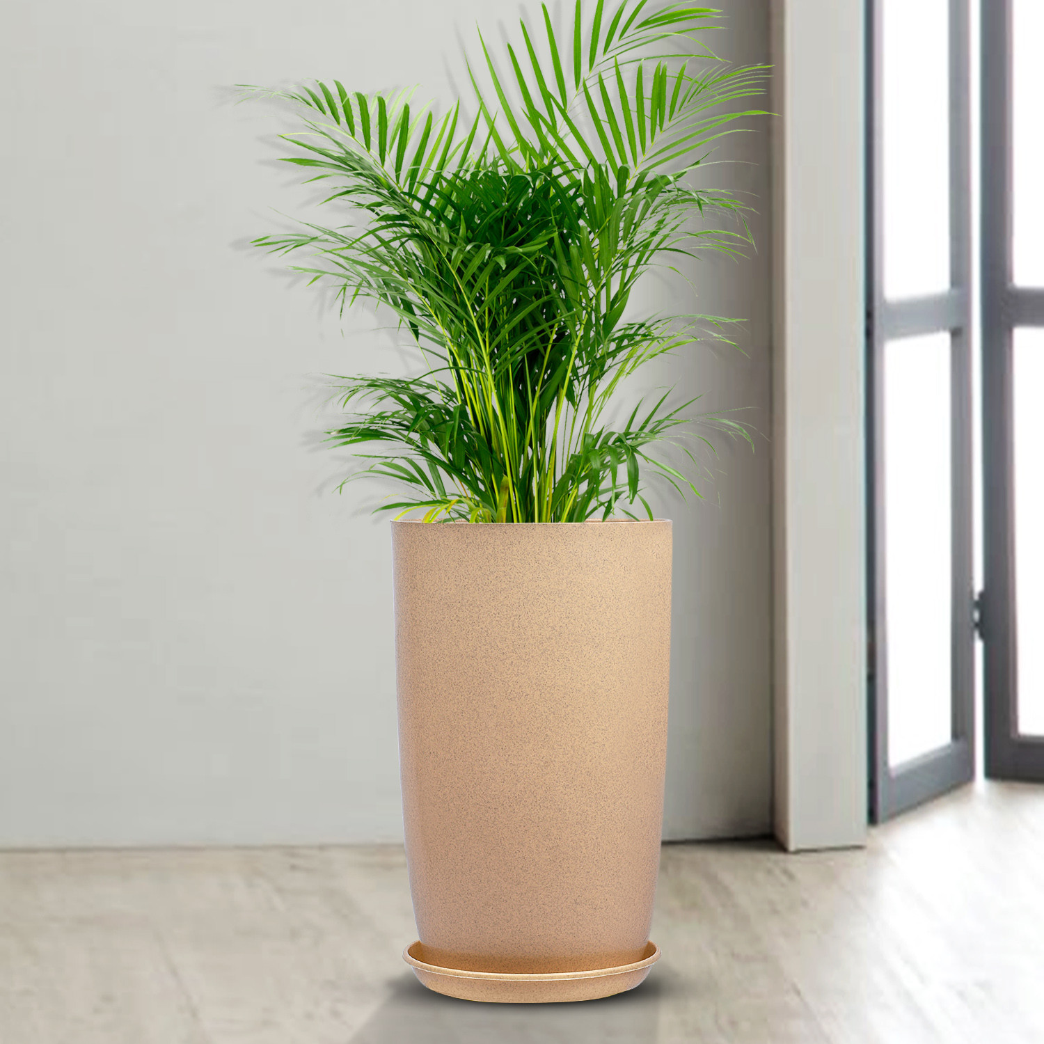 Kuber Industries Flower Pot with Plate | 18 Inch Lightweight Polymers Indoor-Outdoor Plant Pots | Flower Pot Gamla for Home-Office & Garden | Planter for Living Room | Beige