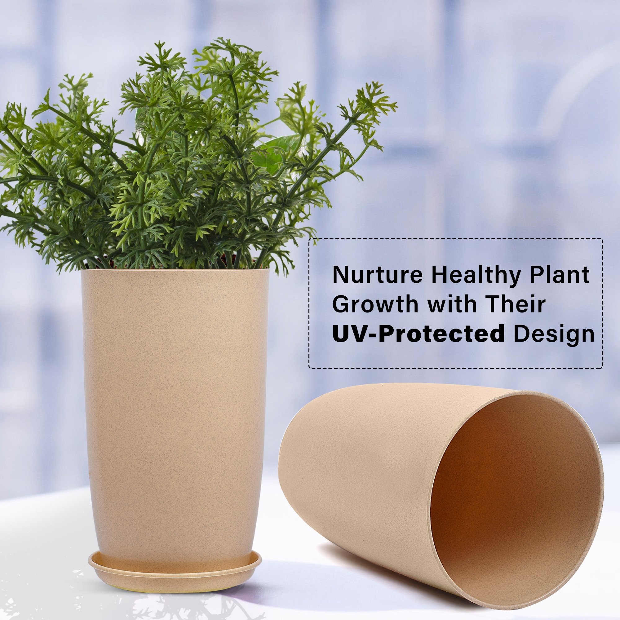 Kuber Industries Flower Pot with Plate | 18 Inch Lightweight Polymers Indoor-Outdoor Plant Pots | Flower Pot Gamla for Home-Office & Garden | Planter for Living Room | Beige