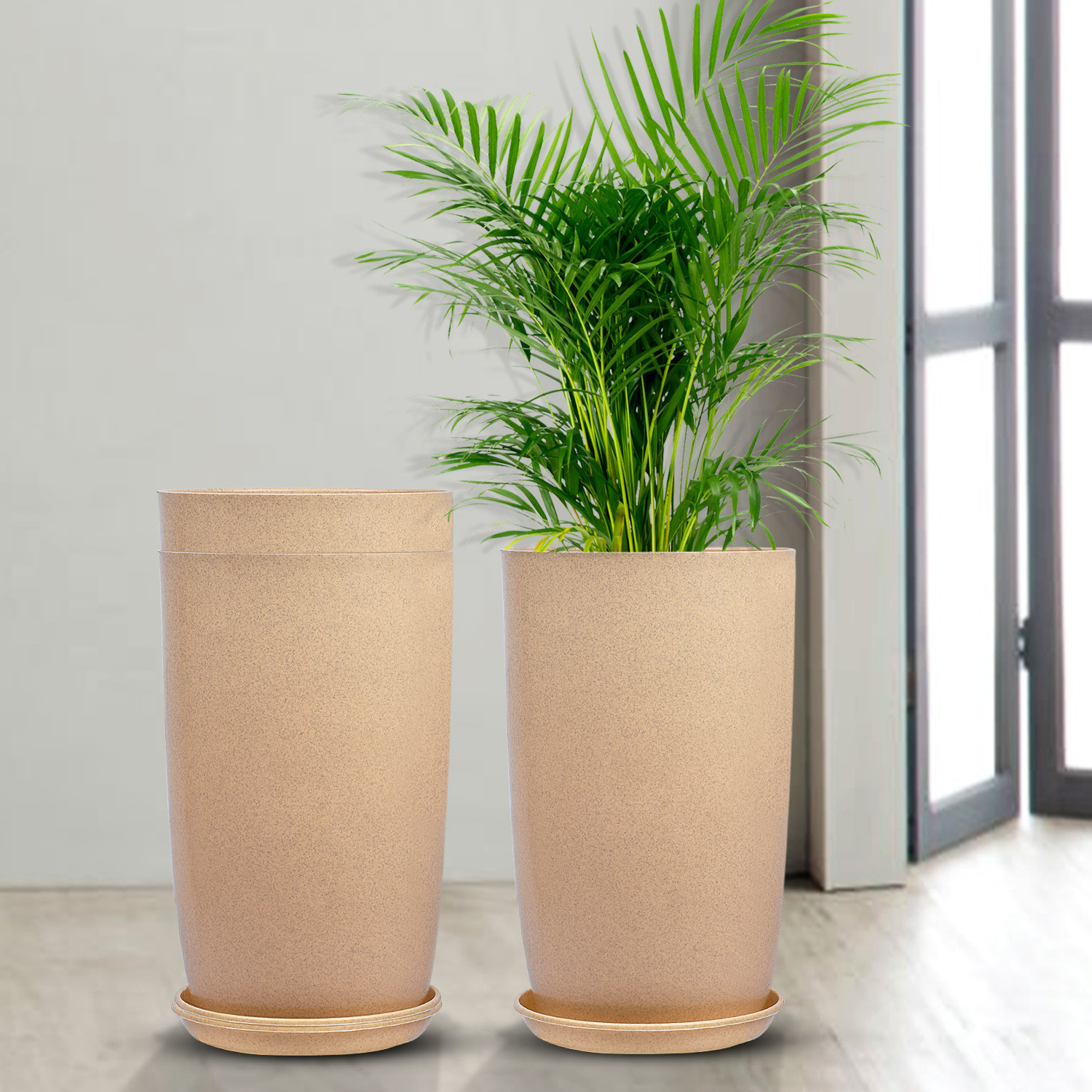 Kuber Industries Flower Pot with Plate | 18 Inch Lightweight Polymers Indoor-Outdoor Plant Pots | Flower Pot Gamla for Home-Office & Garden | Planter for Living Room | Beige