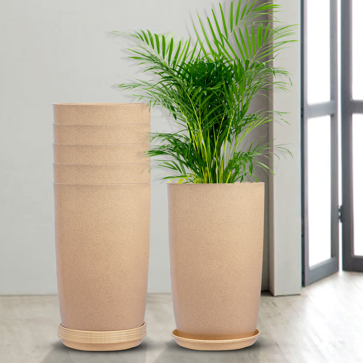 Kuber Industries Flower Pot with Plate | 18 Inch Lightweight Polymers Indoor-Outdoor Plant Pots | Flower Pot Gamla for Home-Office & Garden | Planter for Living Room | Beige