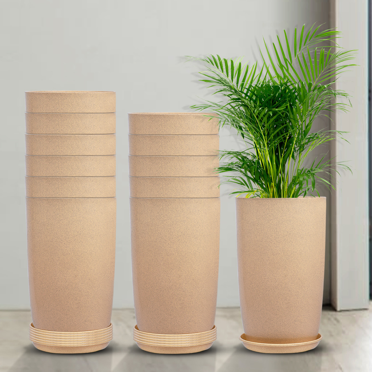 Kuber Industries Flower Pot with Plate | 18 Inch Lightweight Polymers Indoor-Outdoor Plant Pots | Flower Pot Gamla for Home-Office & Garden | Planter for Living Room | Beige
