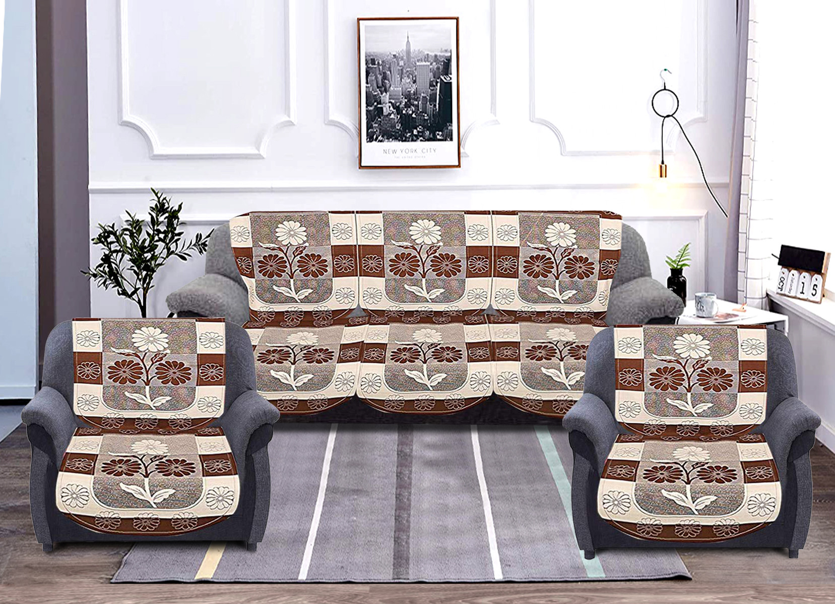 Kuber Industries Flower Print Cotton 6 Piece 5 Seater Slip Cover/Sofa Cover Set,Brown
