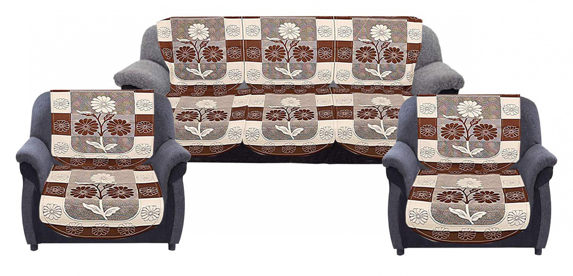 Kuber Industries Flower Print Cotton 6 Piece 5 Seater Slip Cover/Sofa Cover Set,Brown