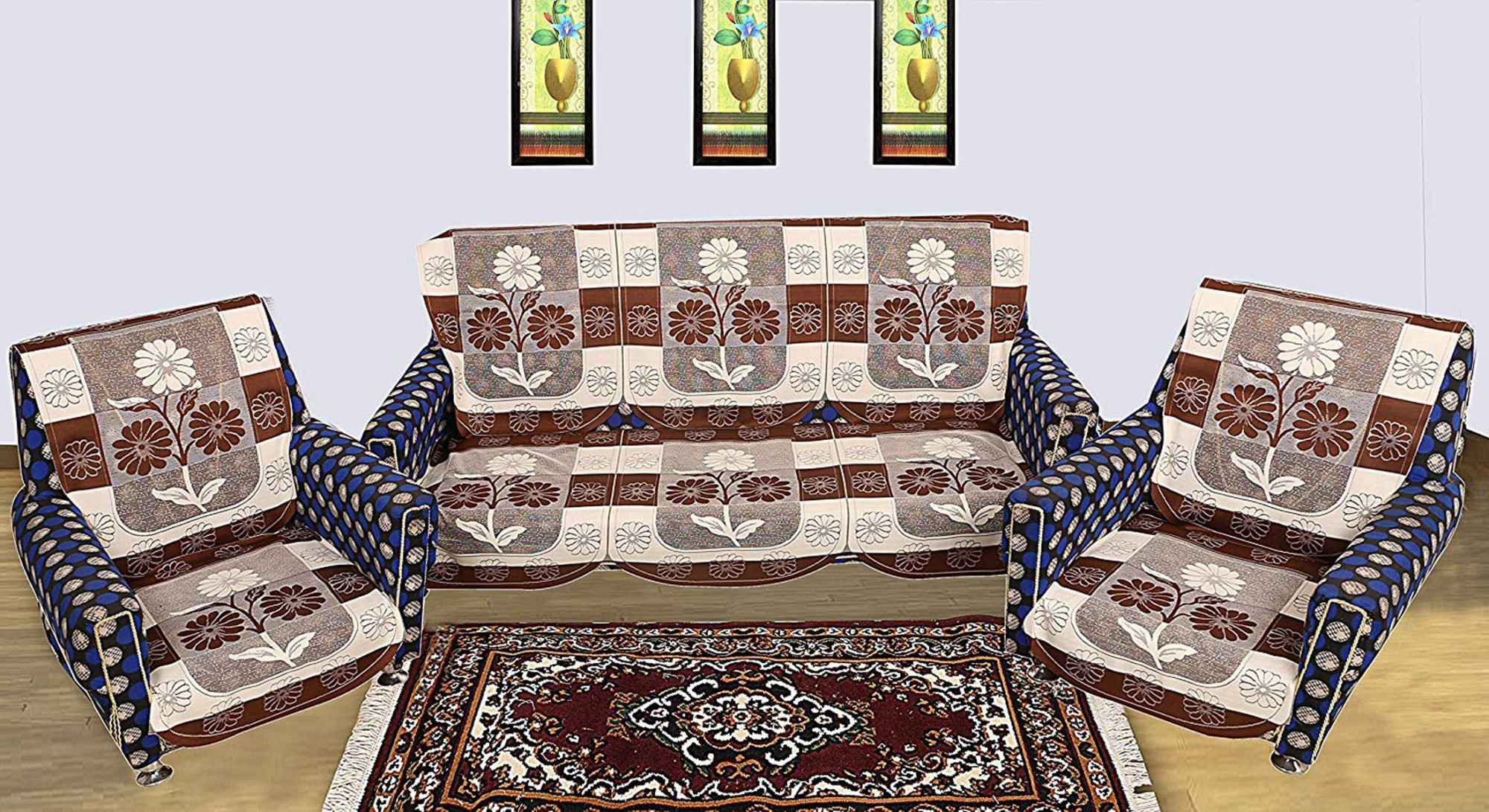 Kuber Industries Flower Print Cotton 6 Piece 5 Seater Slip Cover/Sofa Cover Set,Brown