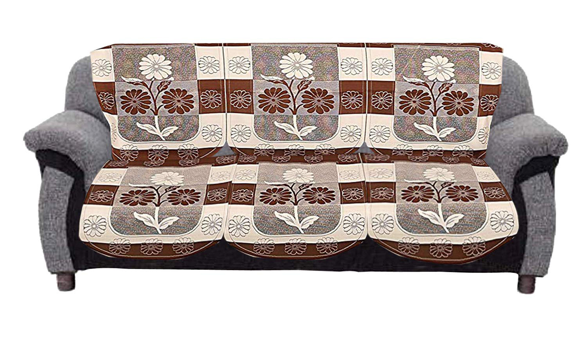 Kuber Industries Flower Print Cotton 6 Piece 5 Seater Slip Cover/Sofa Cover Set,Brown