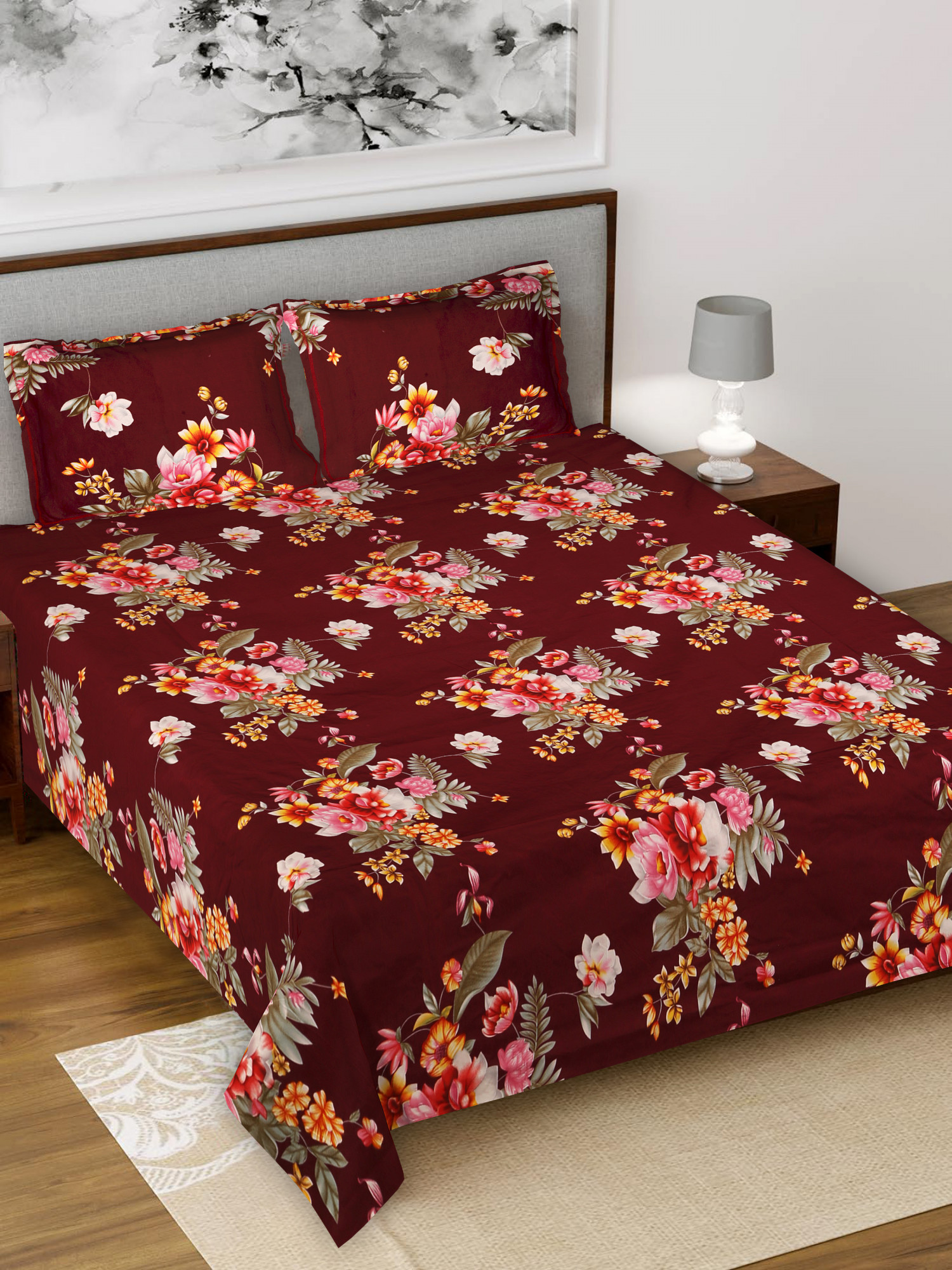 Kuber Industries Flower Print Glace Cotton 144 TC King Size Double Bedsheet with 2 Pillow Covers (Maroon)