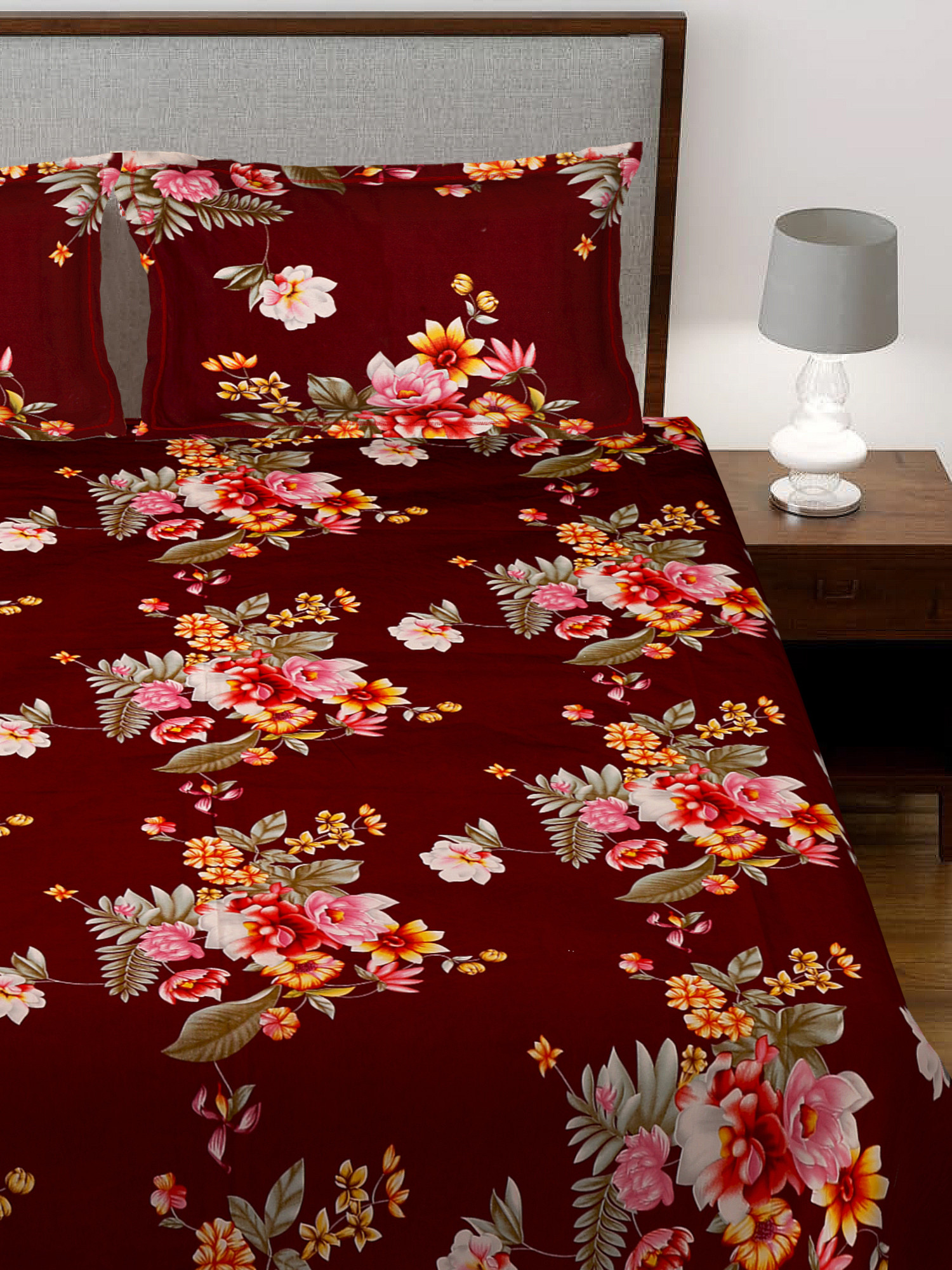 Kuber Industries Flower Print Glace Cotton 144 TC King Size Double Bedsheet with 2 Pillow Covers (Maroon)