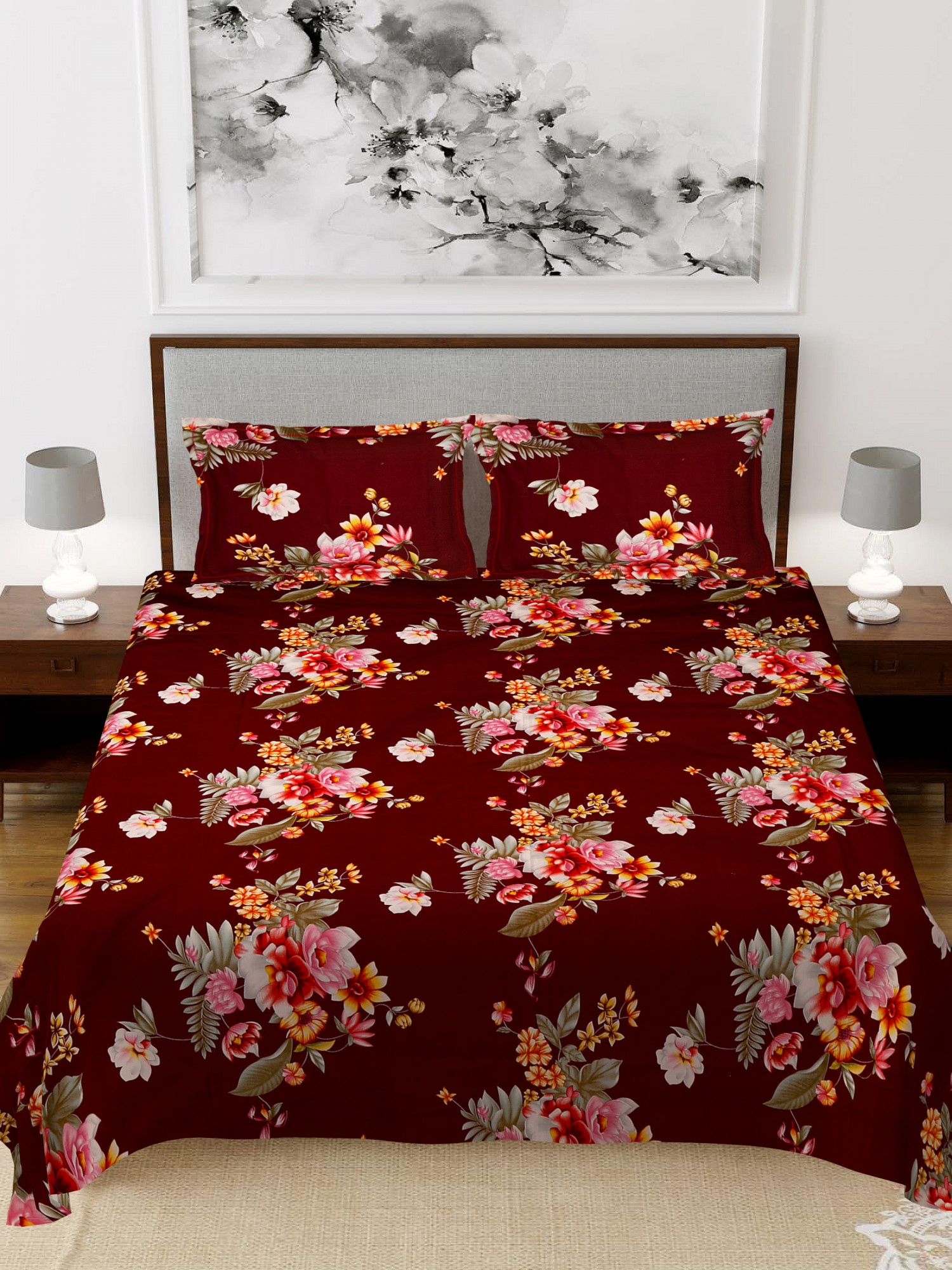 Kuber Industries Flower Print Glace Cotton 144 TC King Size Double Bedsheet with 2 Pillow Covers (Maroon)