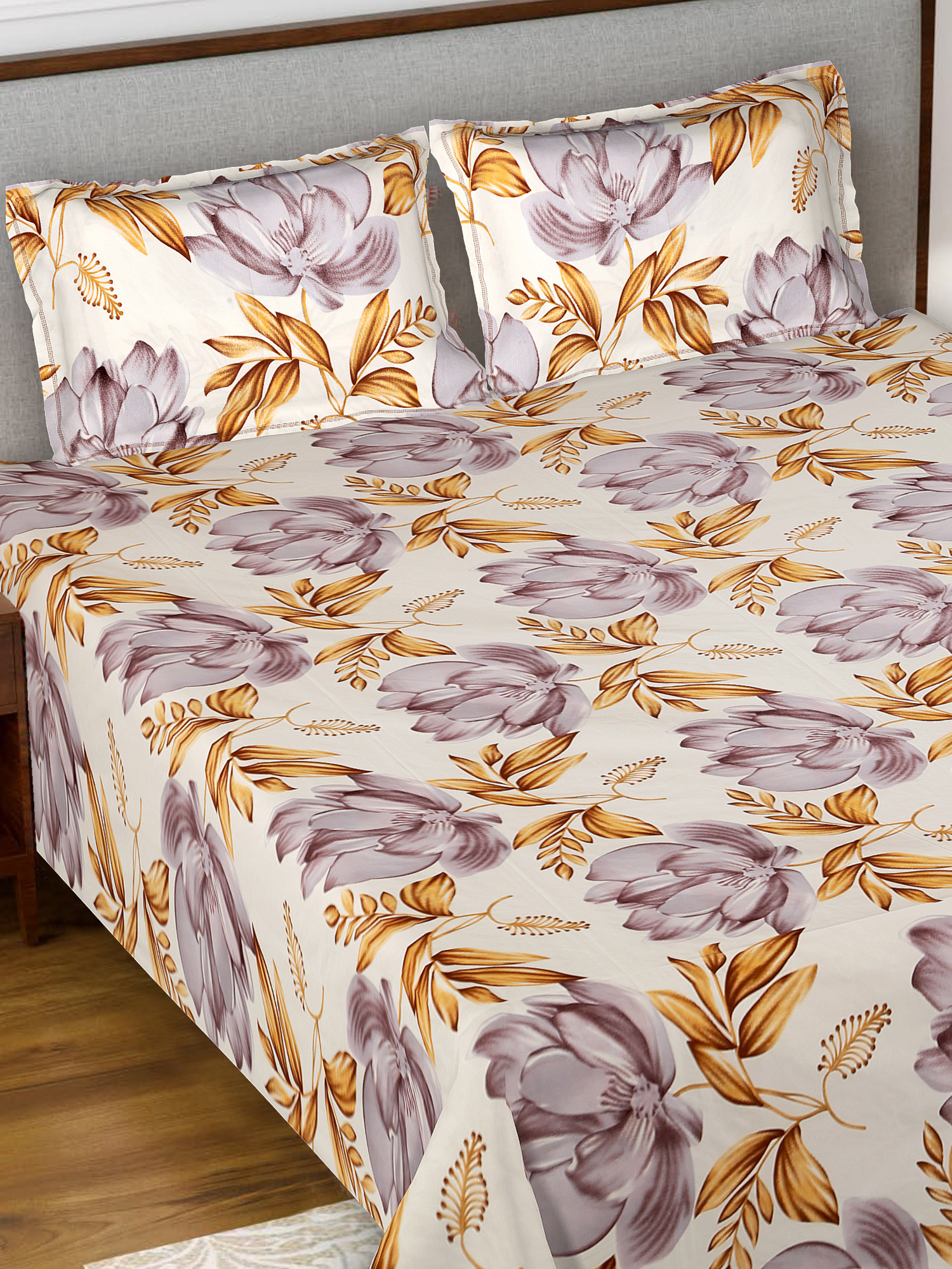 Kuber Industries Flower Print Glace Cotton 144 TC King Size Double Bedsheet with 2 Pillow Covers (White)