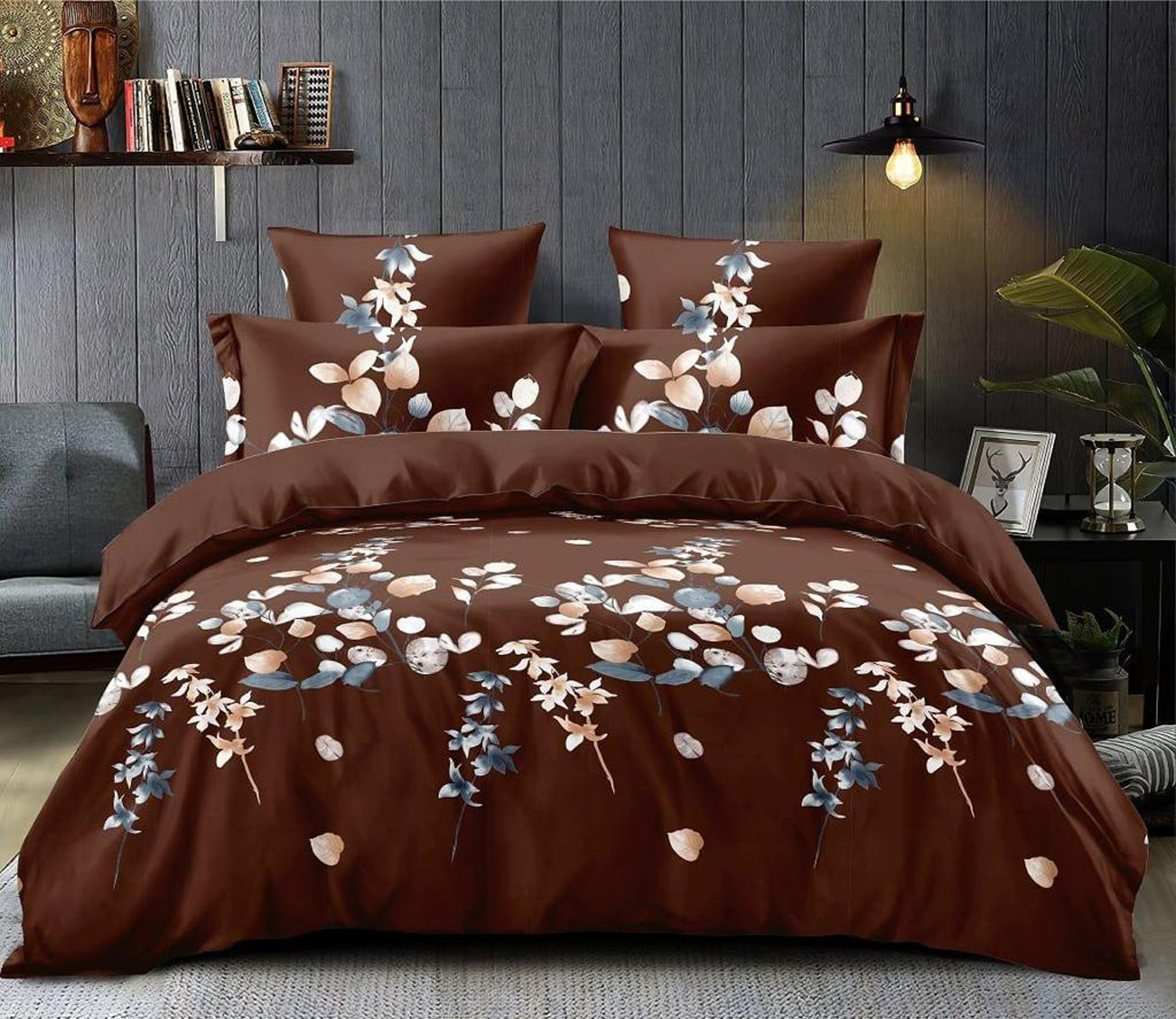 Kuber Industries Flower Print Glace Cotton AC Comforter King Size Bed Comforter, Double Bed Sheet, 2 Pillow Cover (Brown, 90x100 Inches)-Set of 4 Pieces